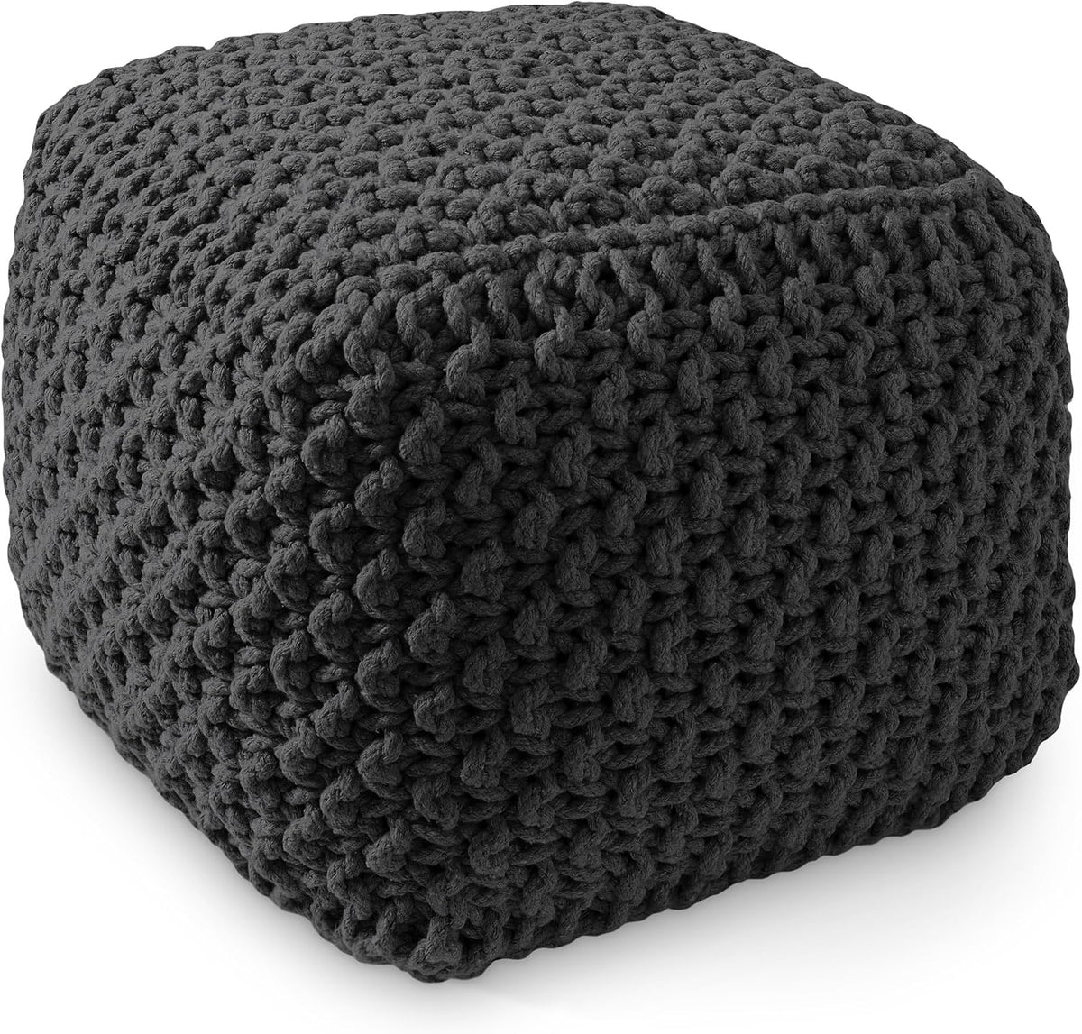 Casafield Square Pouf Ottoman, Black - 18.5" W x 18.5" D x 14.5" H Cotton Knit Foot Stool - Boho Floor Pouffe for Living Room, Bedroom, Home Office