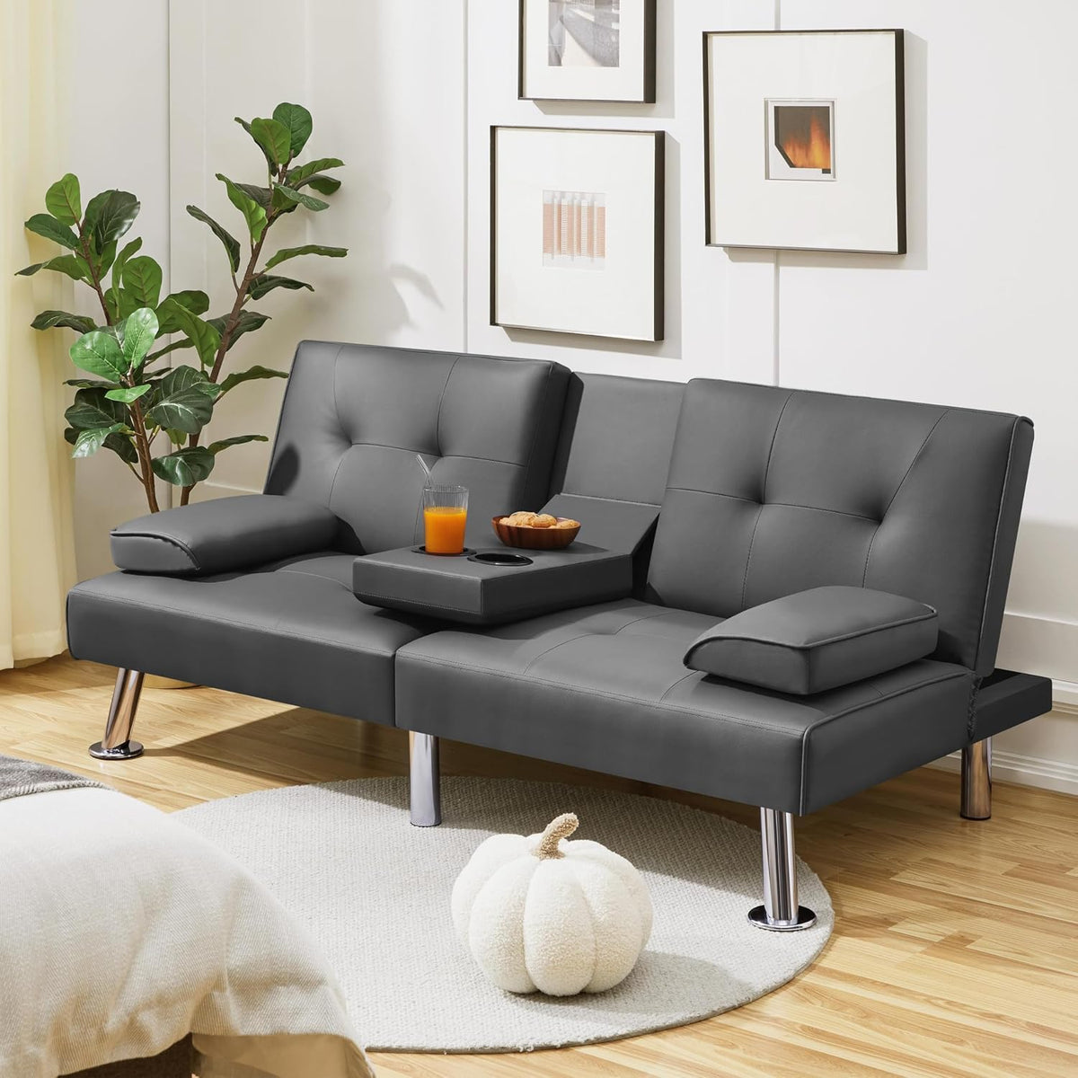 Yaheetech Convertible Futon Sofa Bed Loveseat with Cup Holder, Gray | 3 Angles Sofa, Recliner Chair, Bed, Compact Faux Leather Love Seat for Living Room, Guest Room, Dorm, Small Apartment