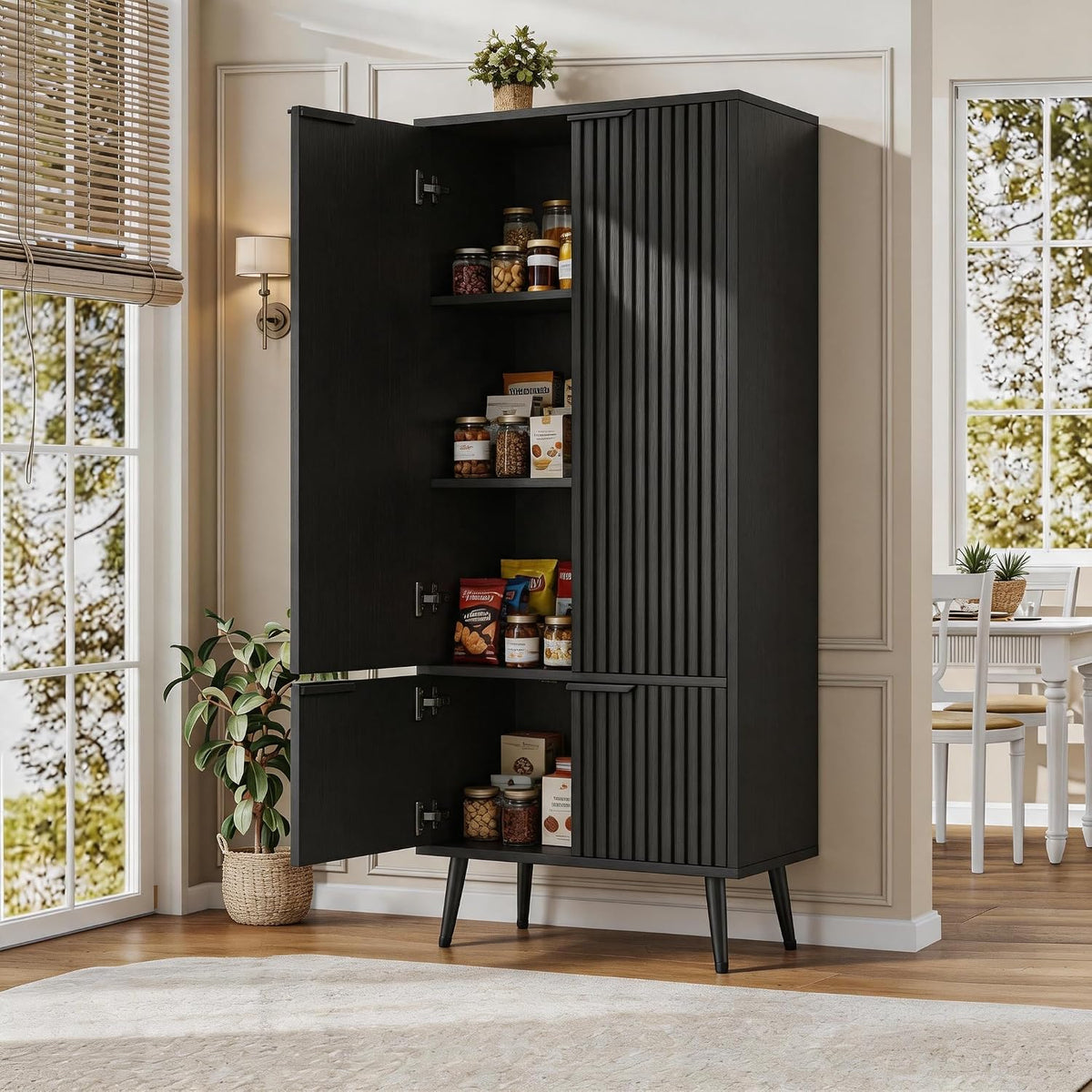 Ebony Fluted 51" Tall Wooden Kitchen Pantry Storage Cabinet Food Organize with Adjustable Shelves, Modern Accent Cabinet Sideboard Buffet for Dining Room, Entryway, Bathroom, Home Office