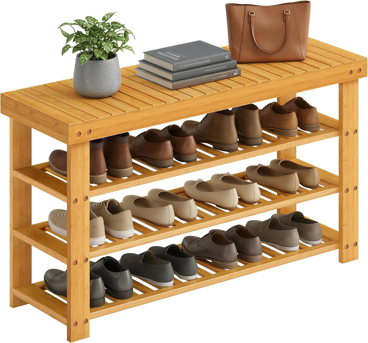 SONGMICS Shoe Rack Bench, 4 Tier Bamboo Shoe Storage Organizer, Entryway Bench, for Living Room, Bathroom, Bedroom, 11.3 x 35.2 x 20.5 Inches, Light Bamboo ULBS390YL01