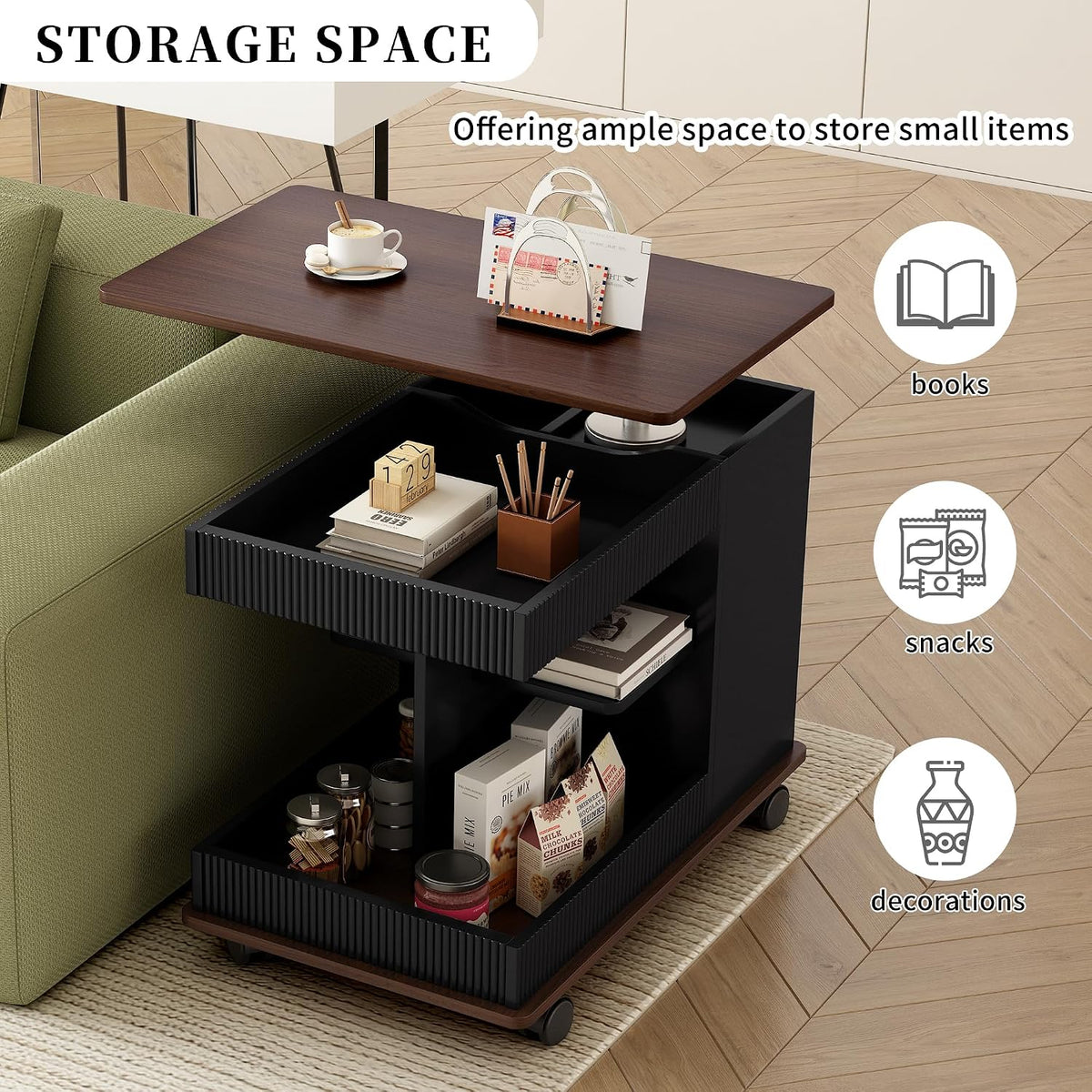 Adjustable Side Table with Wheels, 360° Rotating Lift-Top & Storage, Modern Bedside/Sofa Rolling Table for Small Spaces, Living Room Use, Black