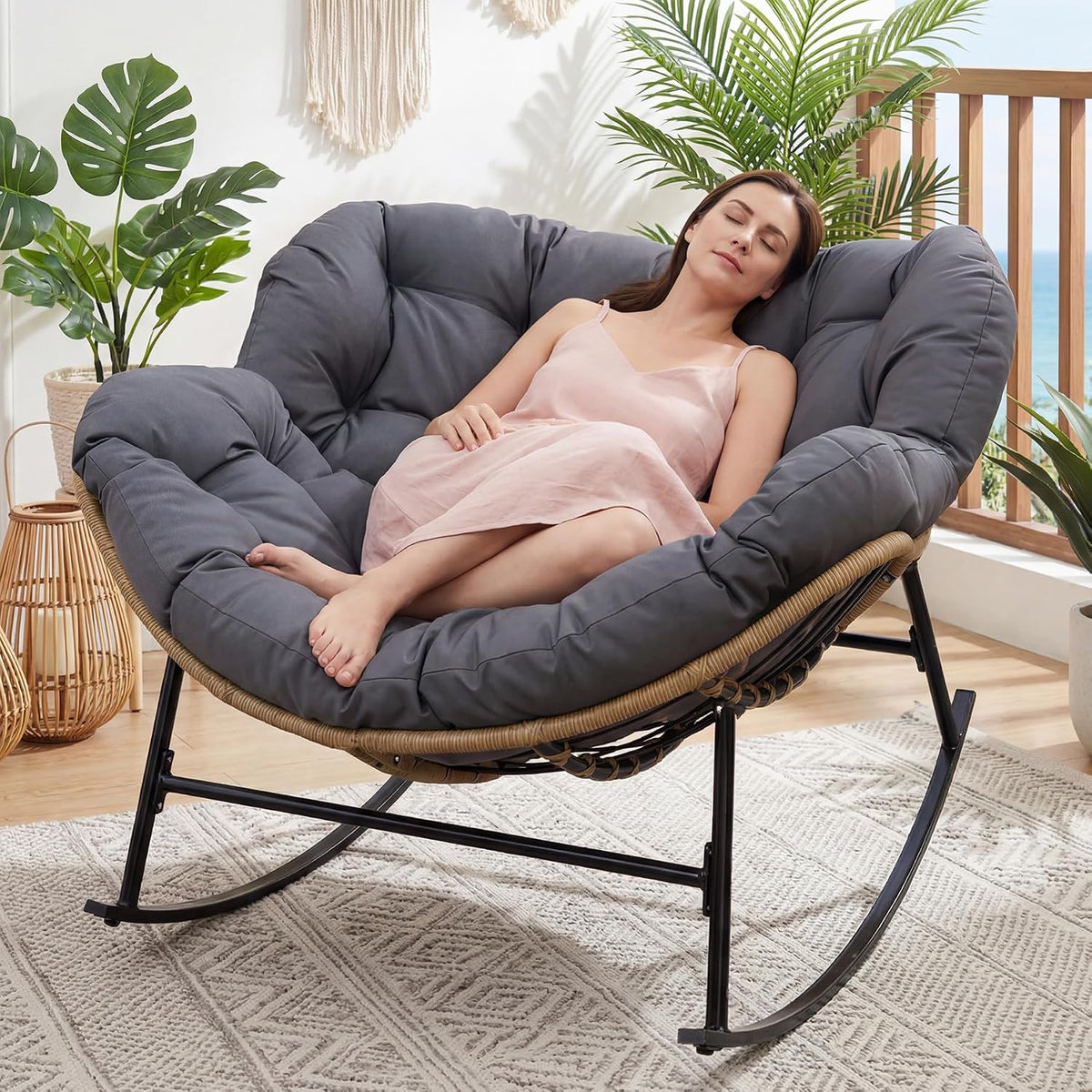 FINCATI Indoor Outdoor Papasan Rocking Chair, Large Rocking Lounge Chair