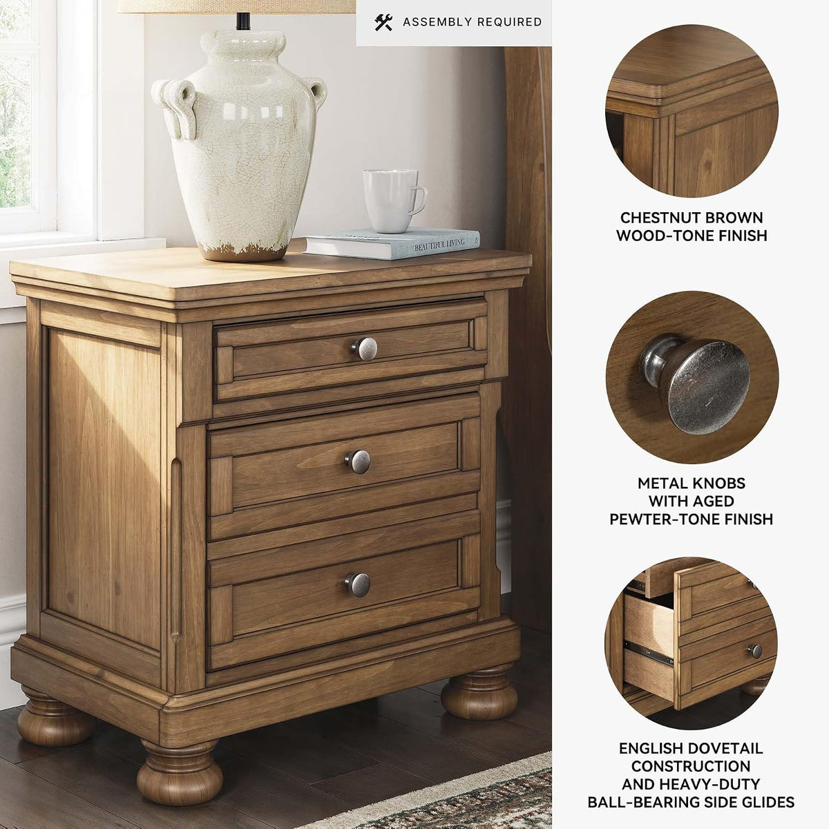 Signature Design by Ashley 2-Drawer Wood Nightstand, Chestnut Brown | Poplar solids, Pine veneer and MDF substrate, 30 in height, English dovetail construction, Hidden tray, Glarrison Series