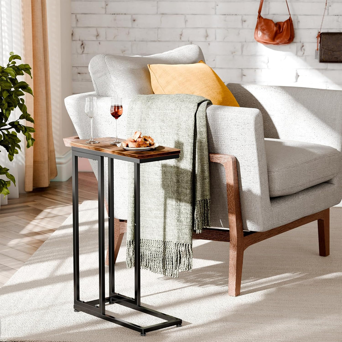 Simple Trending C Shaped Side Table, End Table Set of 2, Sofa Couch Table TV Tray for Living Room, Small Space, Rustic Brown
