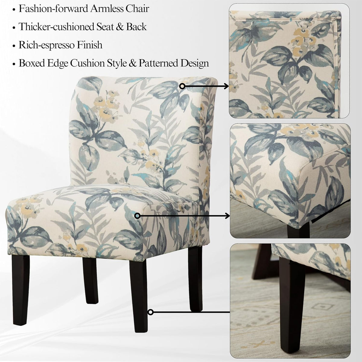 Roundhill Furniture Capa Print abric Armless Contemporary Accent Chair, Blue Leaves
