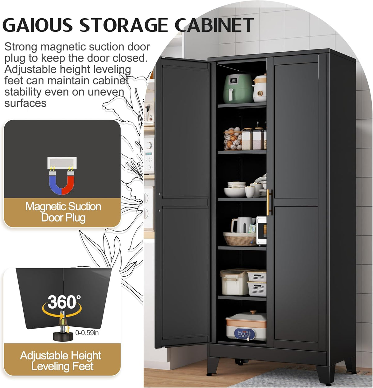 GAIOUS 75.2" Tall Storage Cabinet,Metal Pantry Storage Cabinets with 2 Door | and 5 Adjustable Shelves, Black Kitchen Food Cabinet, Metal Utility Cabinets for Kitchen, Dinning Room, Laundry Room