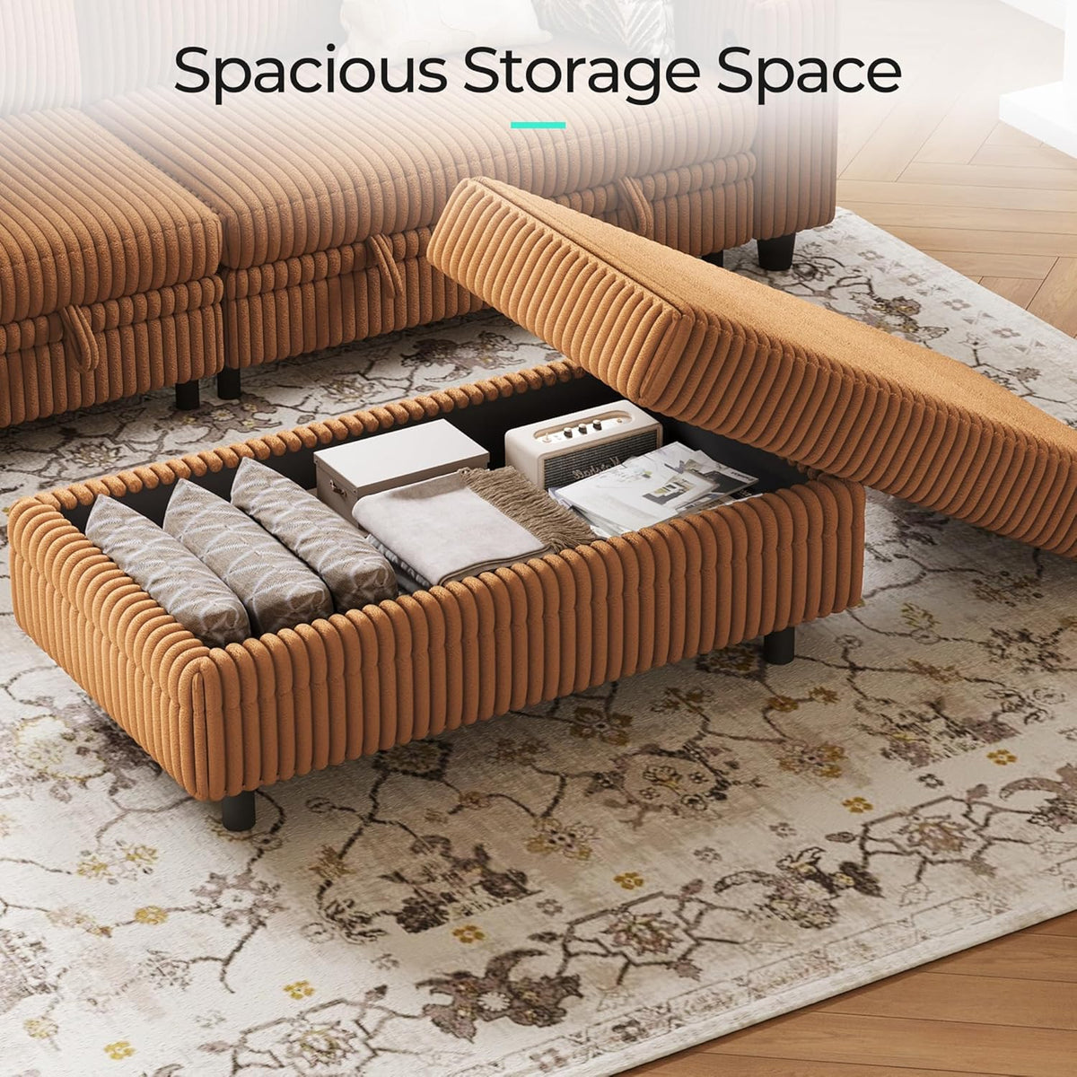 LINSY HOME Sectional Sleeper Sofa Storage Ottoman Bench, Convertible Coffee Table Plush Corduroy Couch Ottoman Footstool for Living Room, Bedroom Entryway and Family Room, Brown