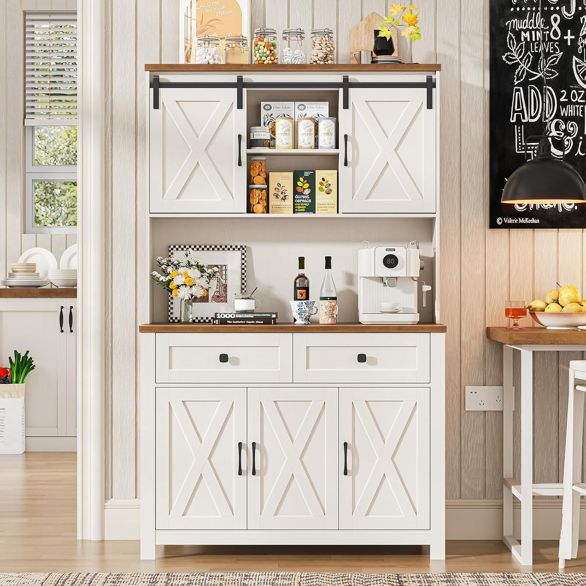 Befrases 67.7 Inch Farmhouse Pantry Storage Cabinet with Sliding Barn Doors, 2 Drawer Farmhouse Coffee Cabinet with Adjustable Shelf, Side Board with Buffet Cupboard for Livingroom Kitchen, White