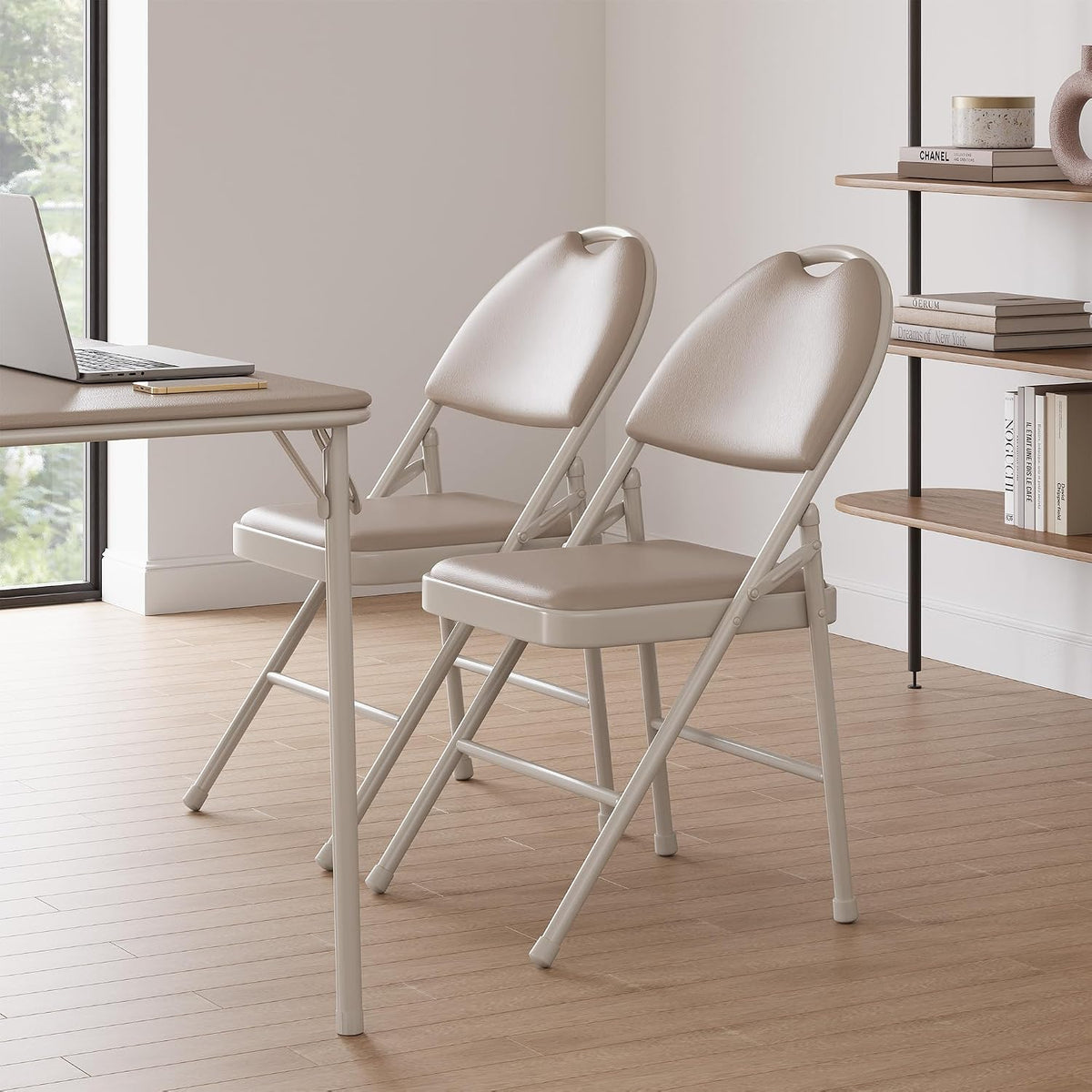IDEALHOUSE 4 Pack Folding Chairs with PU Leather Padded Cushion, 350lbs Capacity, Lightweight Ergonomic Design, Metal Frame, Indoor Outdoor Portable Stackable Seats for Home Office Party Events, Beige