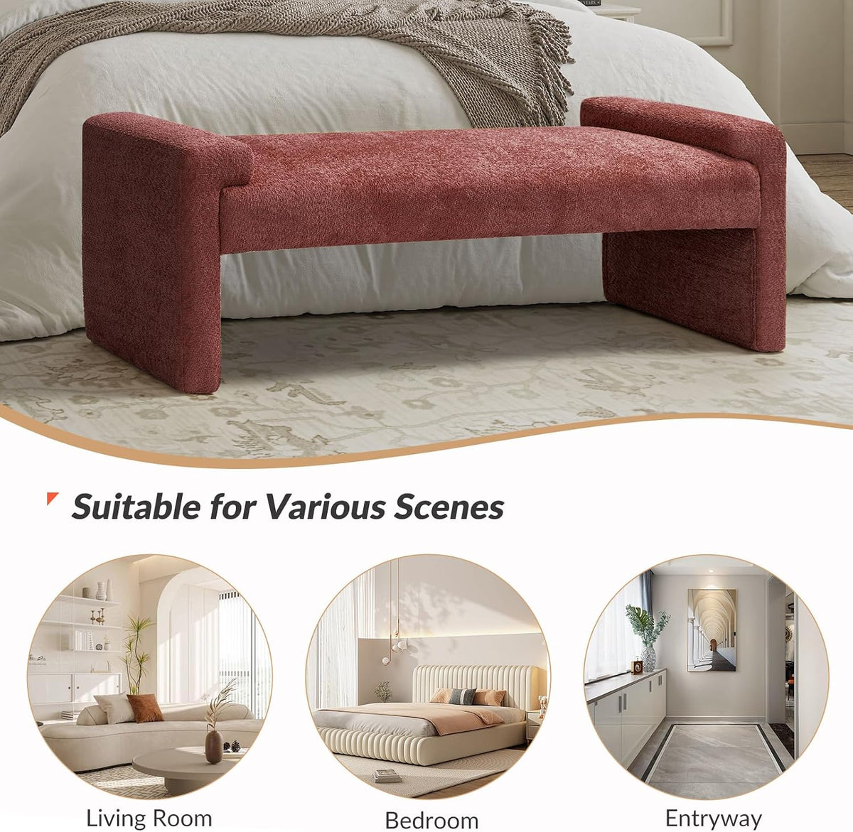 58.5" End of Bed Bedroom Bench, Elegant Fabric Upholstered Footstool for Dining Room & Entryway, Sturdy Legs with Floor Pads Footrest Ottoman, Rosewood