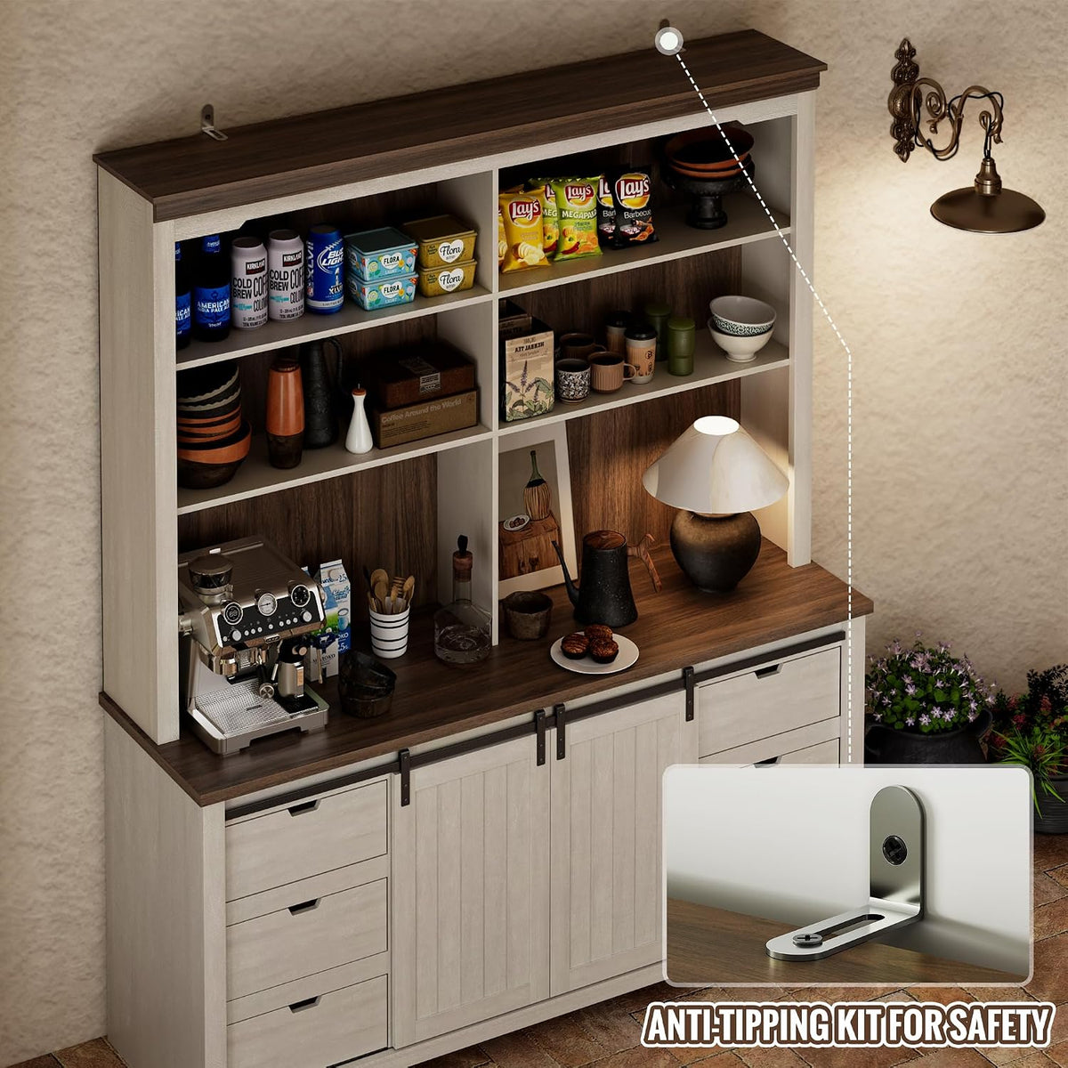 Sweet Memory 78.8" H Farmhouse Kitchen Hutch Cabinet with 3-Tier Open Shelves, Storage Pantry Cabinet with Wide Countertop, 6 Drawers and Barn Door Buffet Pantry with Storage for Dining/Living Room