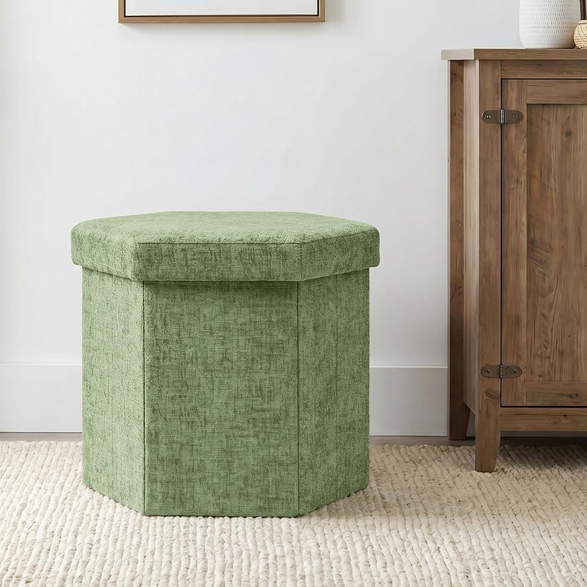 Hexagon Storage Ottoman, Foldable Chenille FootRest with Hidden Storage, Small Ottoman Footstool for Living Room, Bedroom, Dorm, Entryway, 15 x 16.9 x 15 Inches, Green
