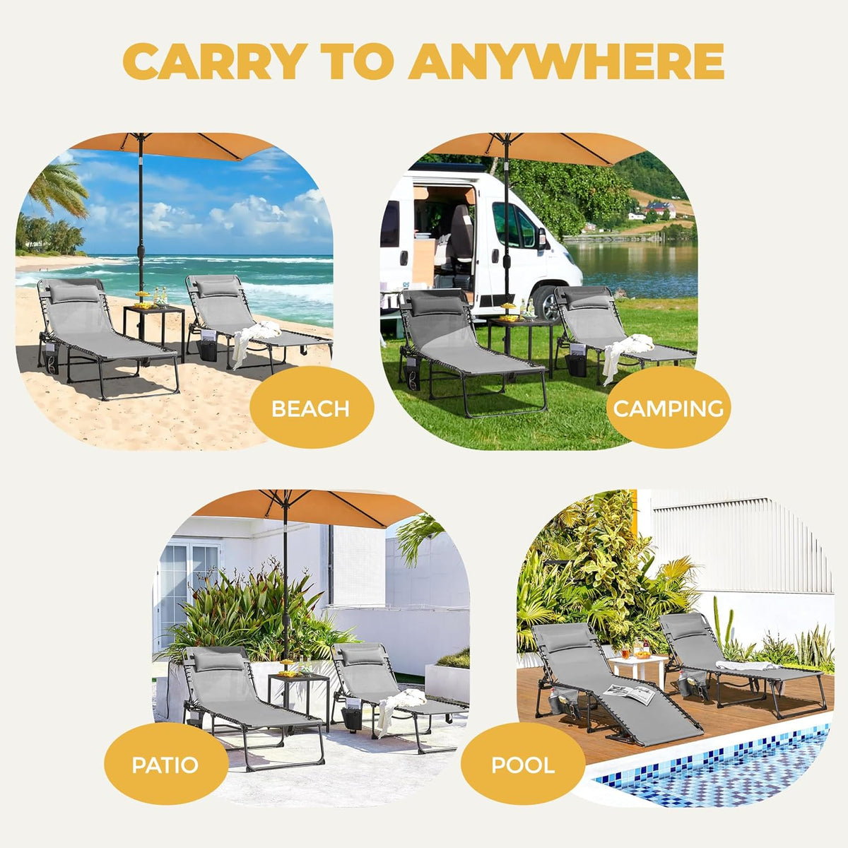 Yaheetech 26.4" Outdoor Folding Tanning Chair 5-Position Adjustable, Gray | Waterproof Texteline Fabric, 300lb Weight Capacity, Side Storage Pocket for Beach Patio Backyard Outdoor Use