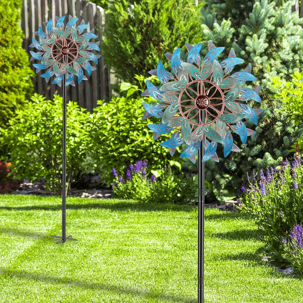 66 Inch Metal Outdoor Wind Spinner, 2-Way Wind Sculpture Spinner with Metal Stake, Waterproof 360 Degrees Kinetic Windmill Art Decoration for Patio Garden Lawn (A- Vintage Blue)
