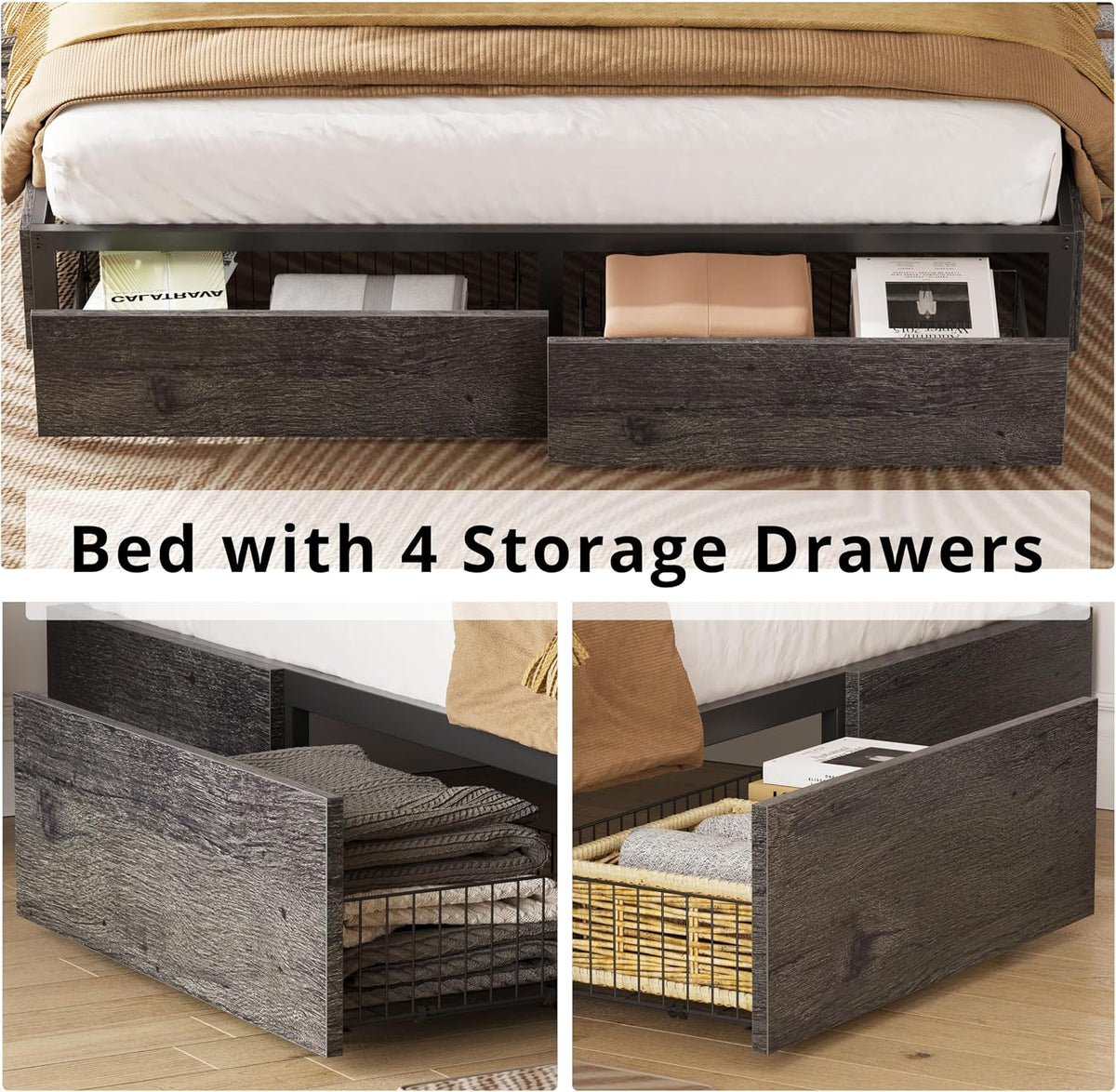 LIKIMIO King Bed Frame with 4 Storage Drawers, Charcoal Grey