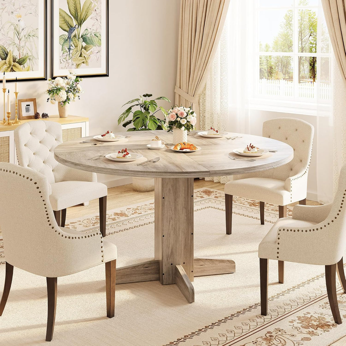 Round Dining Table for 4-6 People,Circle Dining Table, 47 Inch Farmhouse Kitchen Table with Sturdy Pedestal Base,Finish Circle Table for Dining Room, Living Room, Apartment