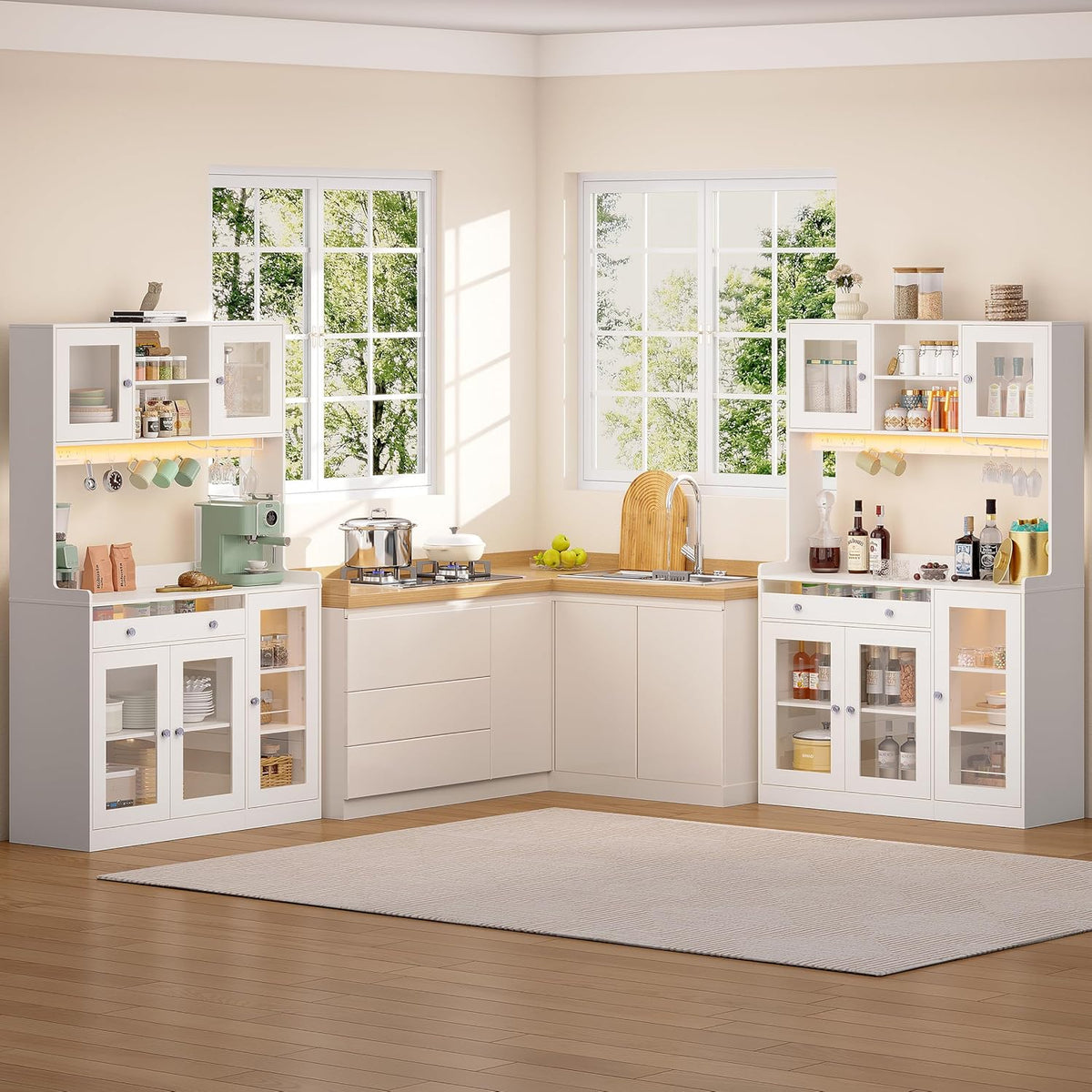 Korfile 71" Pantry Cabinet, Tall Kitchen Pantry Cabinet with Charging Station & LED Light, Kitchen Hutch with Wine Rack, Pantry Storage Cabinets with Microwave Stand for Dining Room, White