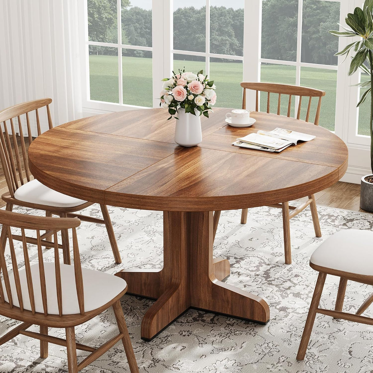 Garvee 47 Inch Round Dining Table for 4, Farmhouse Kitchen Dining Room Circle Dinner Table, Kitchen Dining Room Furniture, Walnut (Table Only)