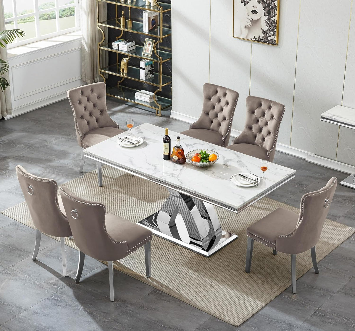 7 Piece Dining Table Set with Chairs, Faux Marble Dining Table and Gray Chair Set for 6, White Silver Dining Room Table Set with X-Shape Stainless Steel Base, Morden Kitchen Table and Chairs for 6