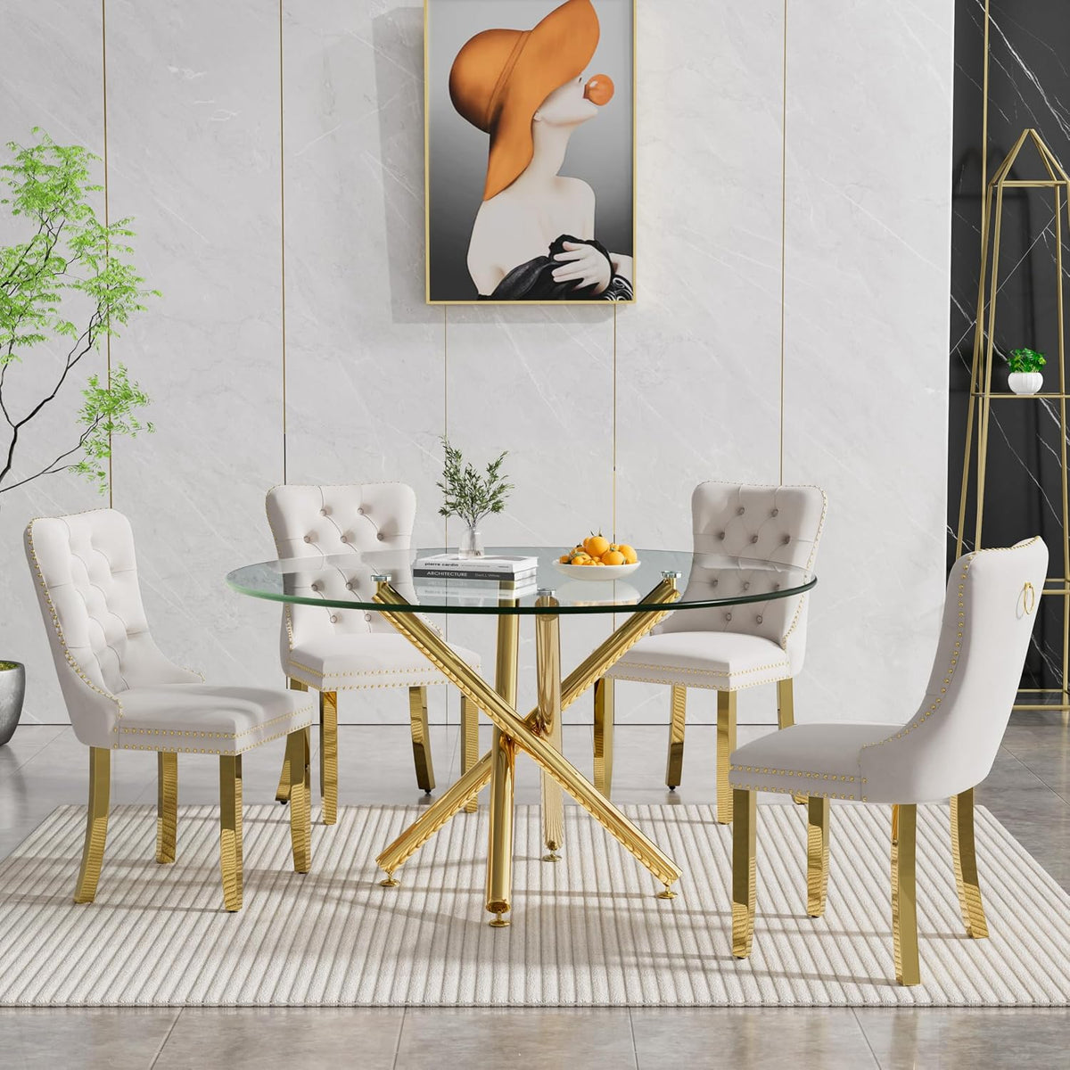 Round Glass Dining Table Set for 4, Small Kitchen Table Set for 4, 47" Circle Gold Glass Dinner Table for 4 with Beige Velvet Chairs, 5 Piece Dining Room Table Set for 4 for Breakfast Dinette Cafe