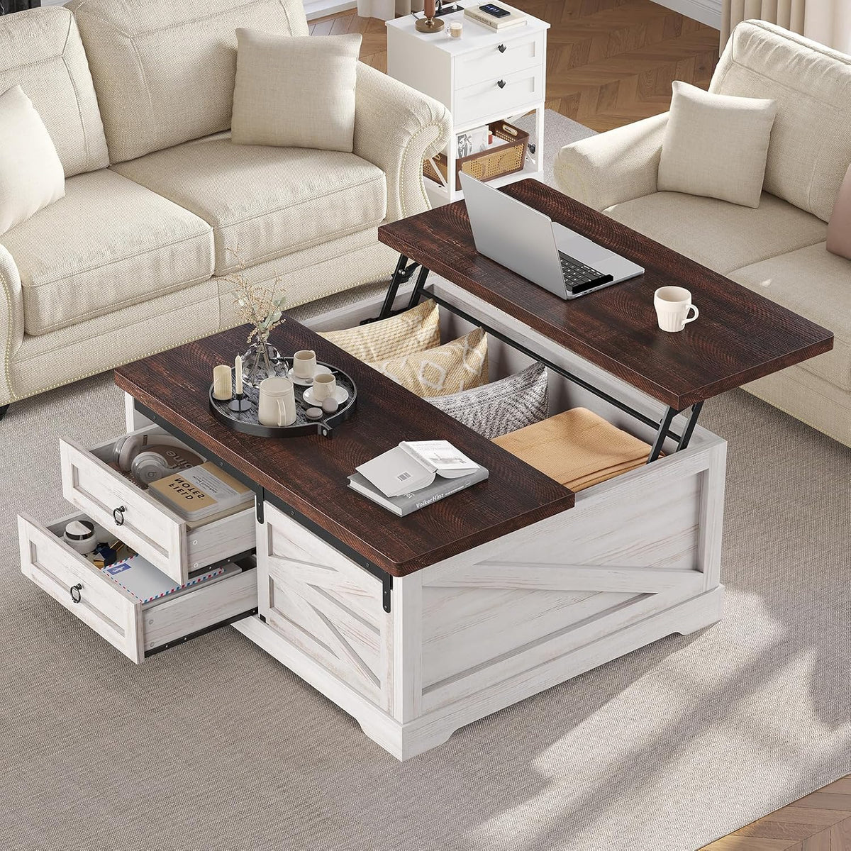 Itaar 39.4'' Lift Top Coffee Table with Storage, Farmhouse Coffee Tables for Living Room, Square Coffee Table with Large Hidden Compartment & 2 Drawers & Adjustable Shelves, Vintage White+Walnut