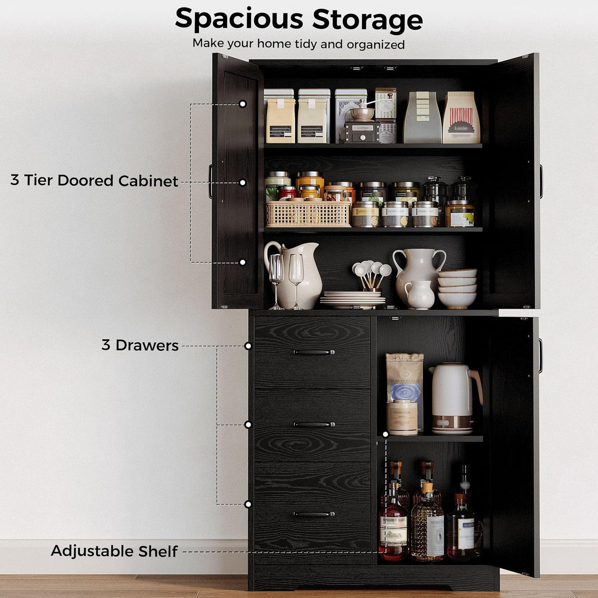 IRONCK Pantry Cabinet, Kitchen Storage Cabinet with 3 Door & Drawer, Black | Adjustable Shelf. 67.5inch Tall. 5 Tier Freestanding. 150 lbs Per Shelf. Modern Style. FSC-certified Wood. Anti-tip.