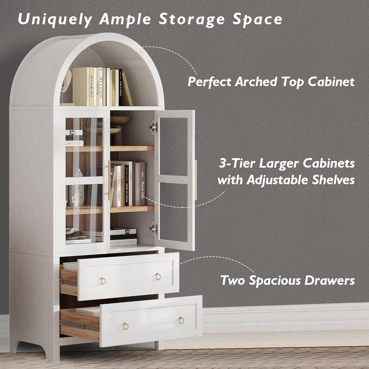 Merax 71'' Tall Arched Kitchen Pantry Cabinet, Farmhouse Kitchen Storage Cabinets with 2 Large Drawers and Adjustable Shelves, Versatile Cupboard for Kitchen, Dining Room, Bathroom,White