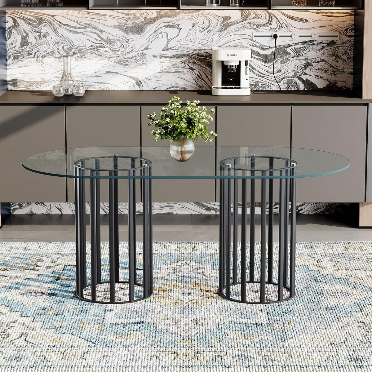 Oval Tempered Glass Dining Table for 4-8 People, 71'' Tall Kitchen Tables for Small Spaces, Modern Dinning Room Furniture, Metal Pillar Base, for Living Room, Kitchen, Dining Room, Black