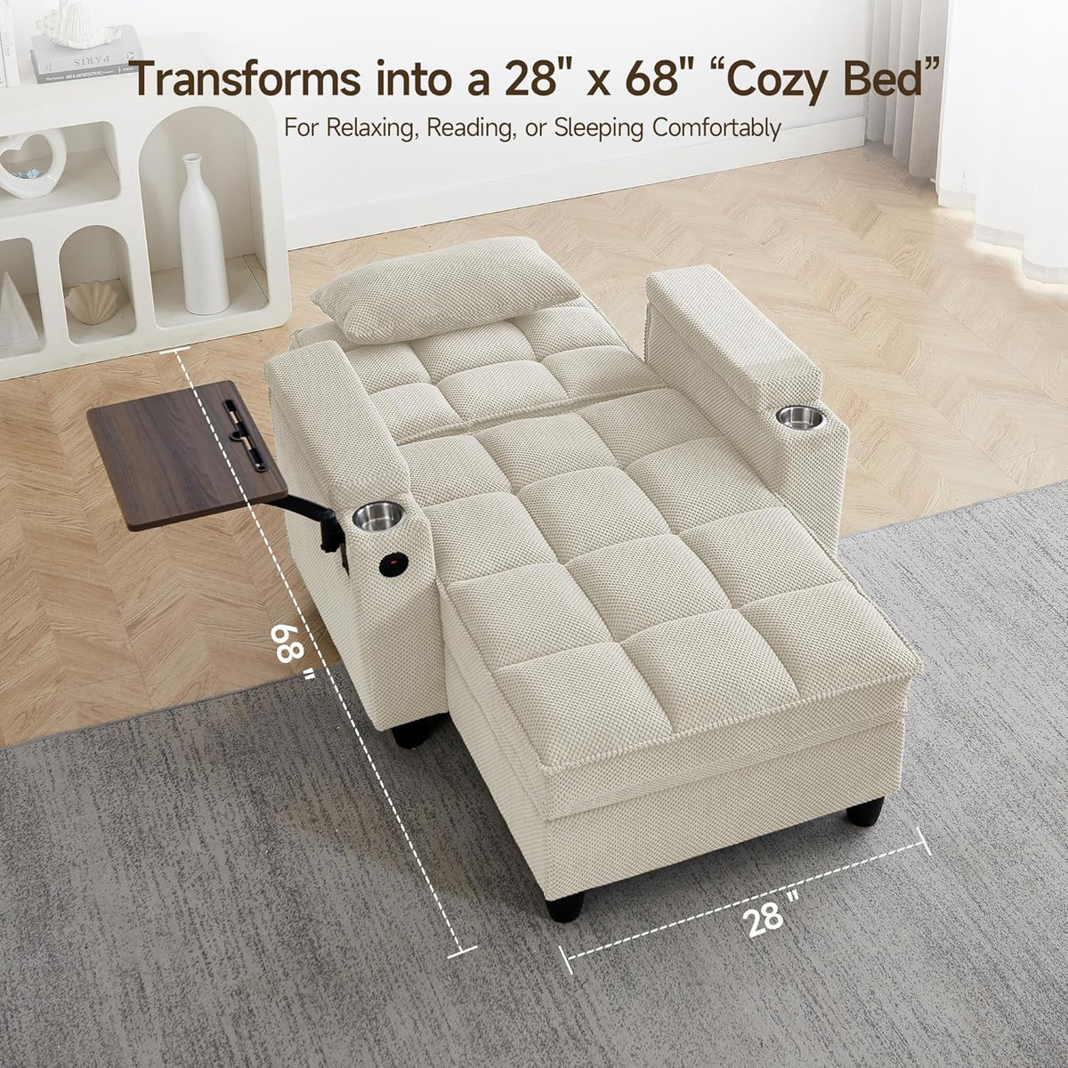 Oversized Recliner Chair with Swivel Tray Table, Modern Tufted Linen Fabric Single Sofa with Cup Holders & USB Port, 660 LBS Heavy Duty Reclining Chair for Living Room & Bedroom (White, 41.7'')
