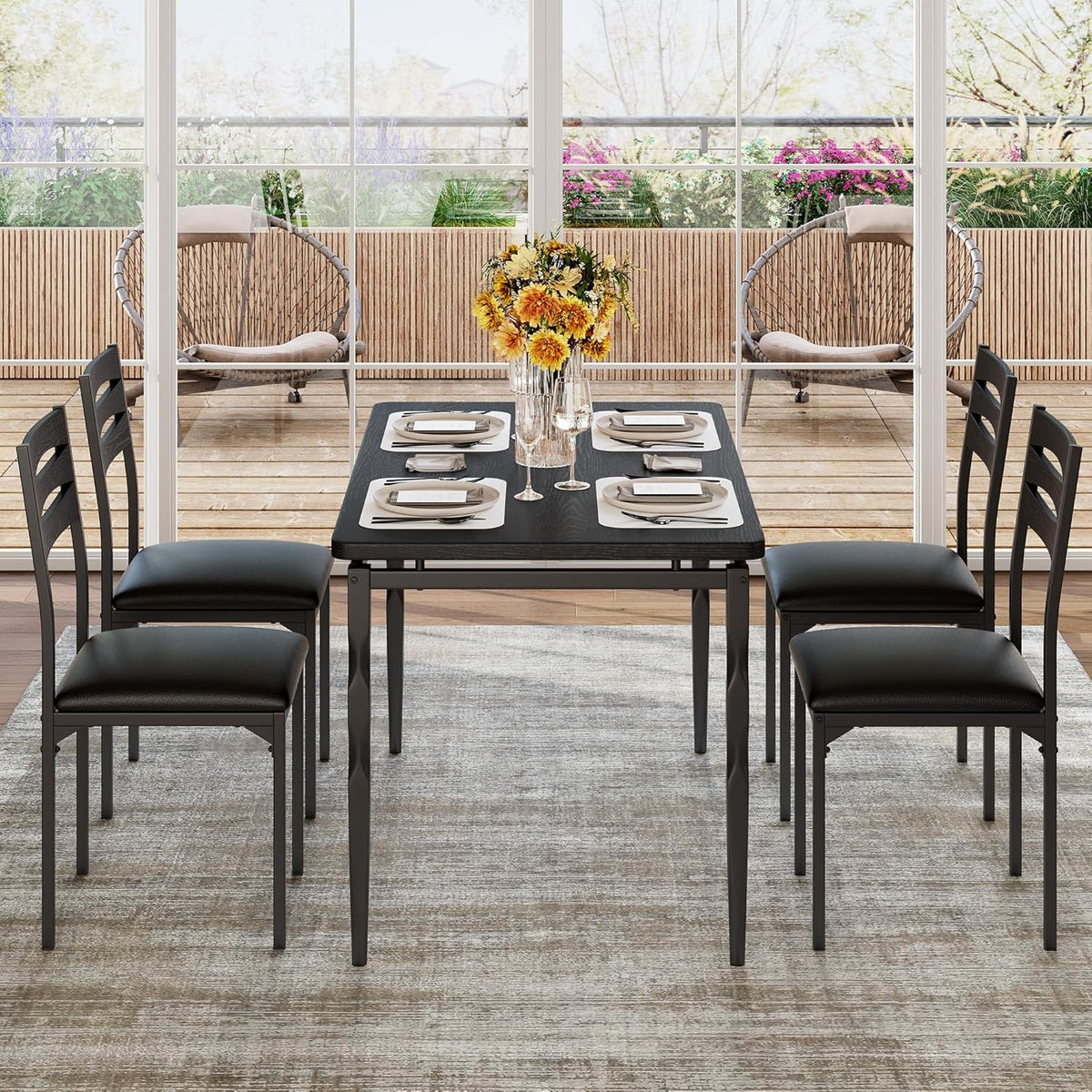 Garvee 5 Piecs Dining Table Set, Farmhouse Style Dining Table and Chairs Set for 4, Dining Set for Dining Room Kitchen Apartment, Black
