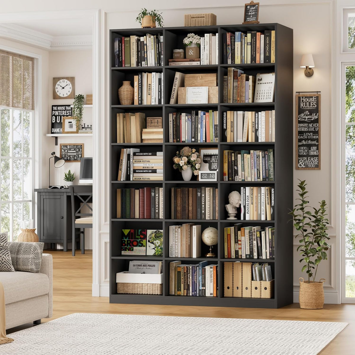 HOSTACK 86" H Triple Wide Bookshelf and Bookcase, Large Book Shelves, Black