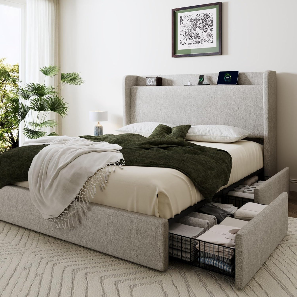 SHA CERLIN Queen Size Storage Bed Frame with 4 Oversized Drawers, Modern Wingback Headboard with Storage Shelf & Charging Station, No Box Spring Needed, Easy Assembly, Light Beige
