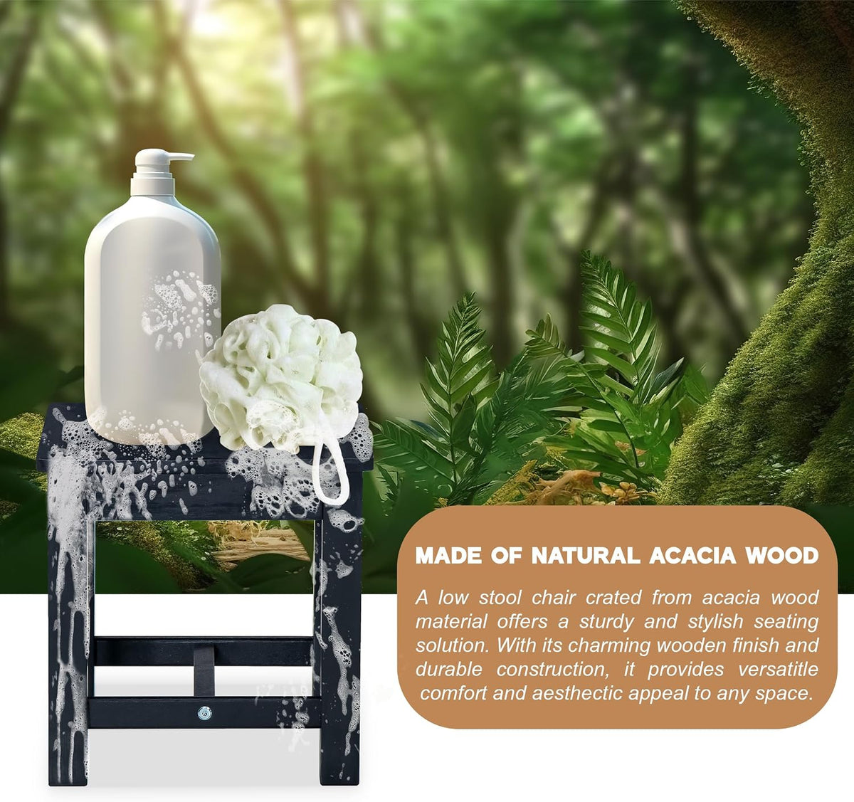 VICTORY RELAX 12 Inch Wooden Black Step Stool, Small Nature Beach Chair Under Desk, Indoor Acacia Wood Short Footstool for Living Room, Kitchen, Bathroom