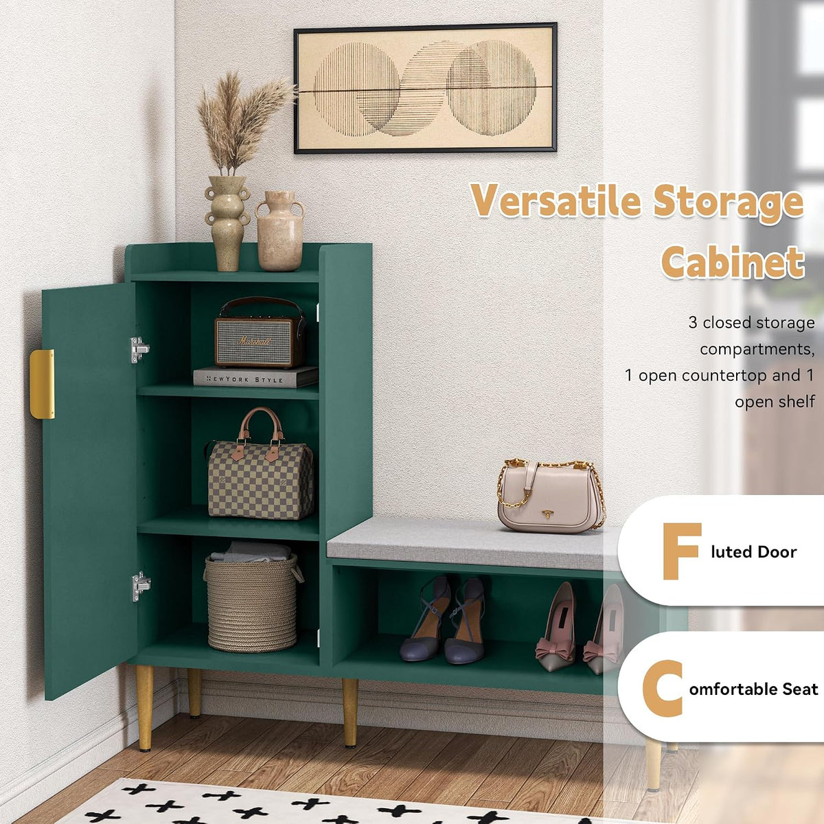 Storage Bench with Fluted Door&Shelf, Modern Entryway Bench with Padded Seat, L-Shaped Shoe Organizer Cabinet for Hallway, Living Room, Office, Green