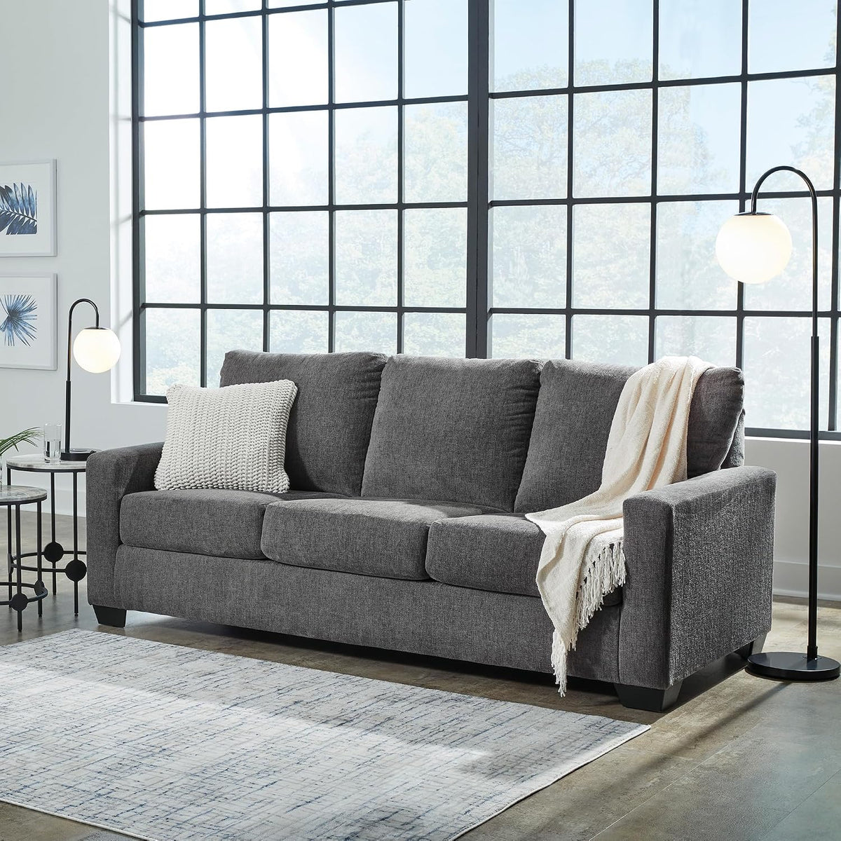 Signature Design by Ashley Rannis Queen Sleeper Sofa, Pewter Pull Out Couch | Pewter gray polyester chenille, Includes 4 in queen memory foam mattress, Space-saving 3-seater profile for living rooms