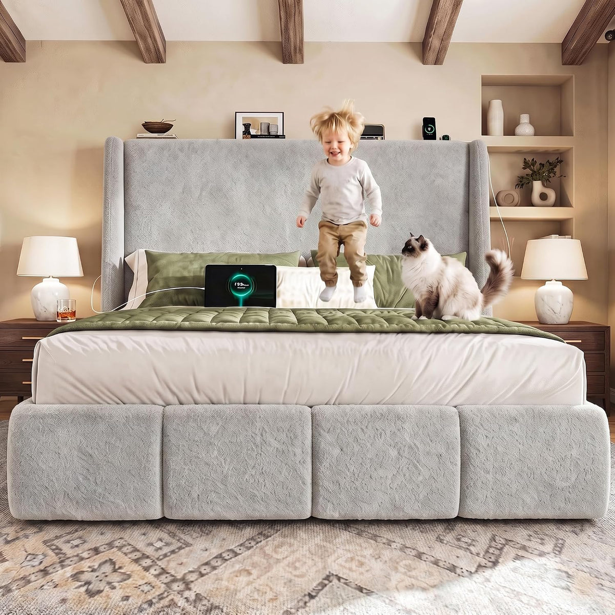 LARMACE King Size Bed Frame 54.2" Extra Tall Wingback Headboard, Lambswool Upholstered Platform Bed with Legs Featuring Built-in Charging Ports, Wood Slats, No Box Spring Needed,Light Grey