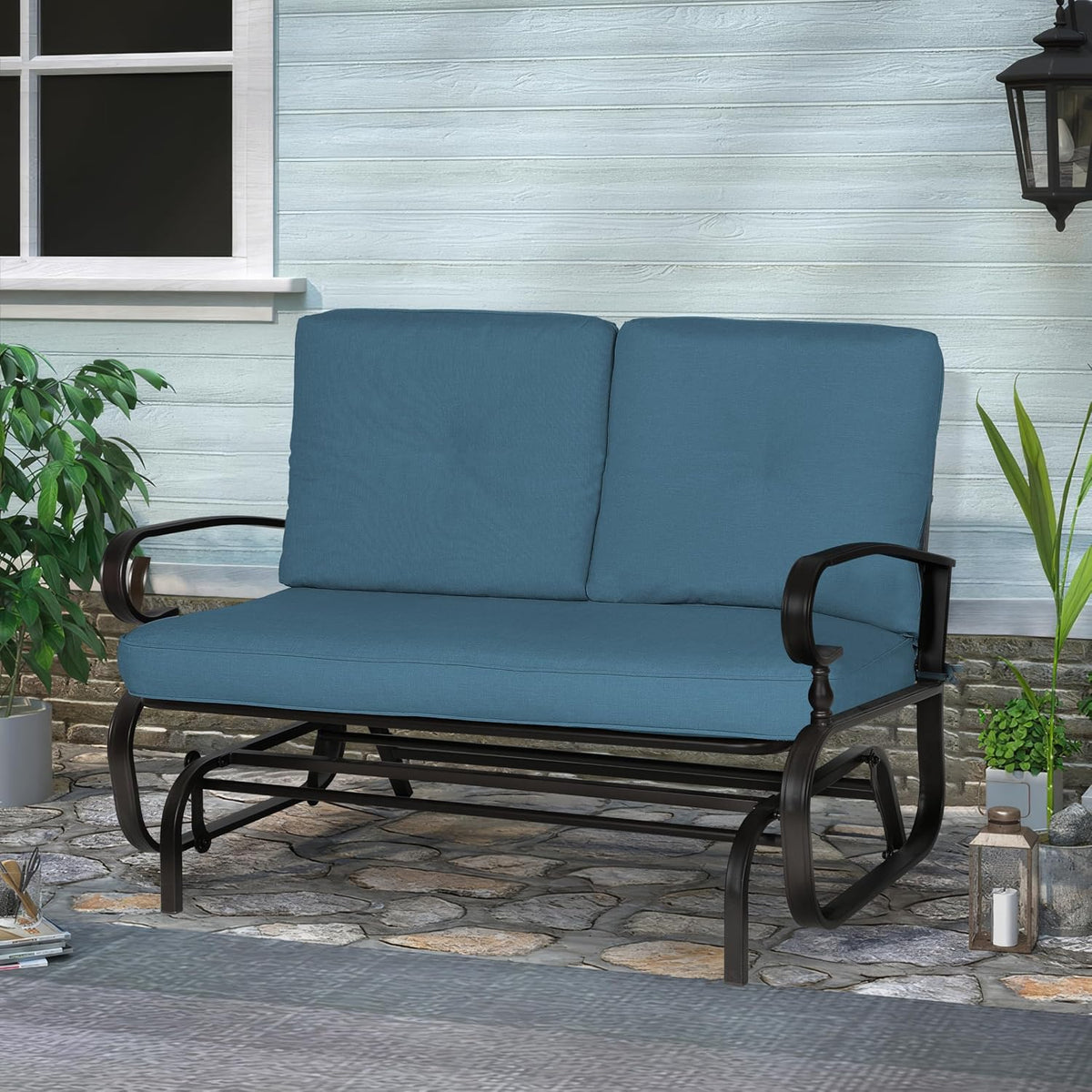 Crownland Outdoor Patio Glider Chair, Rocking Glider Bench for 2 Person, Porch Furniture Loveseat Seating, Wrought Iron Patio Textilene Gliders for Outside, Porch, Garden(Peacock Blue)