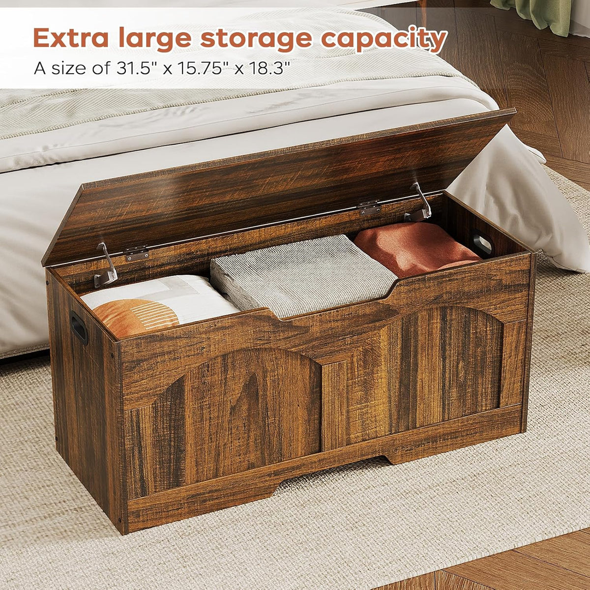 oakvivo Storage Chest, 31.5" Storage Bench with 2 Safety Hinges, Farmhouse Style, 31.5 x 15.7 x 18.3 Inches, U-Shaped Opening for Entryway, Bedroom, Living Room, Supports 330 lb, Rustic Brown