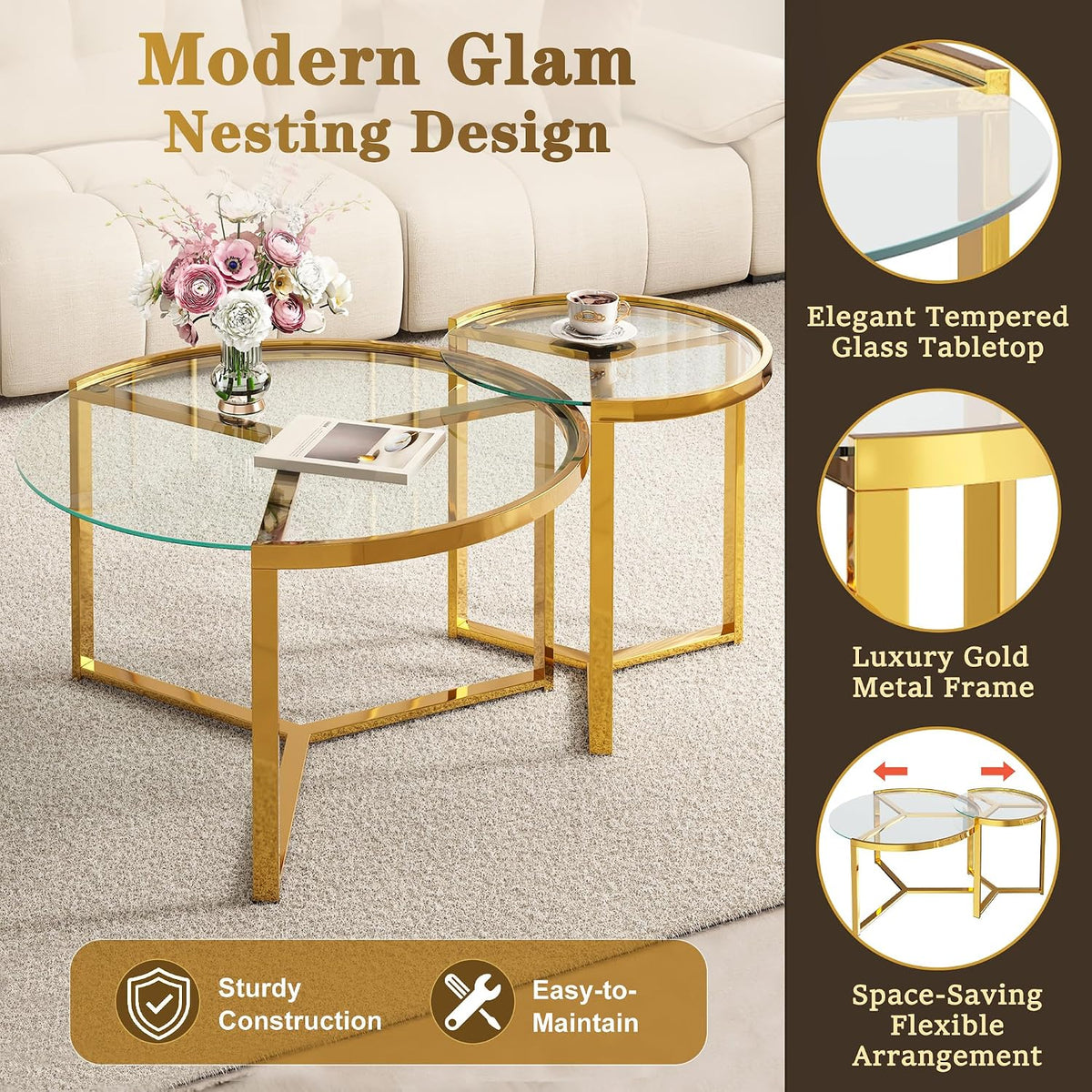 Glass Nesting Coffee Table Set with Metal Frame & Glam Design, Transparent | Modern Round Cocktail Center Table with Tempered Glass, Luxury for Living Room & Home Decor