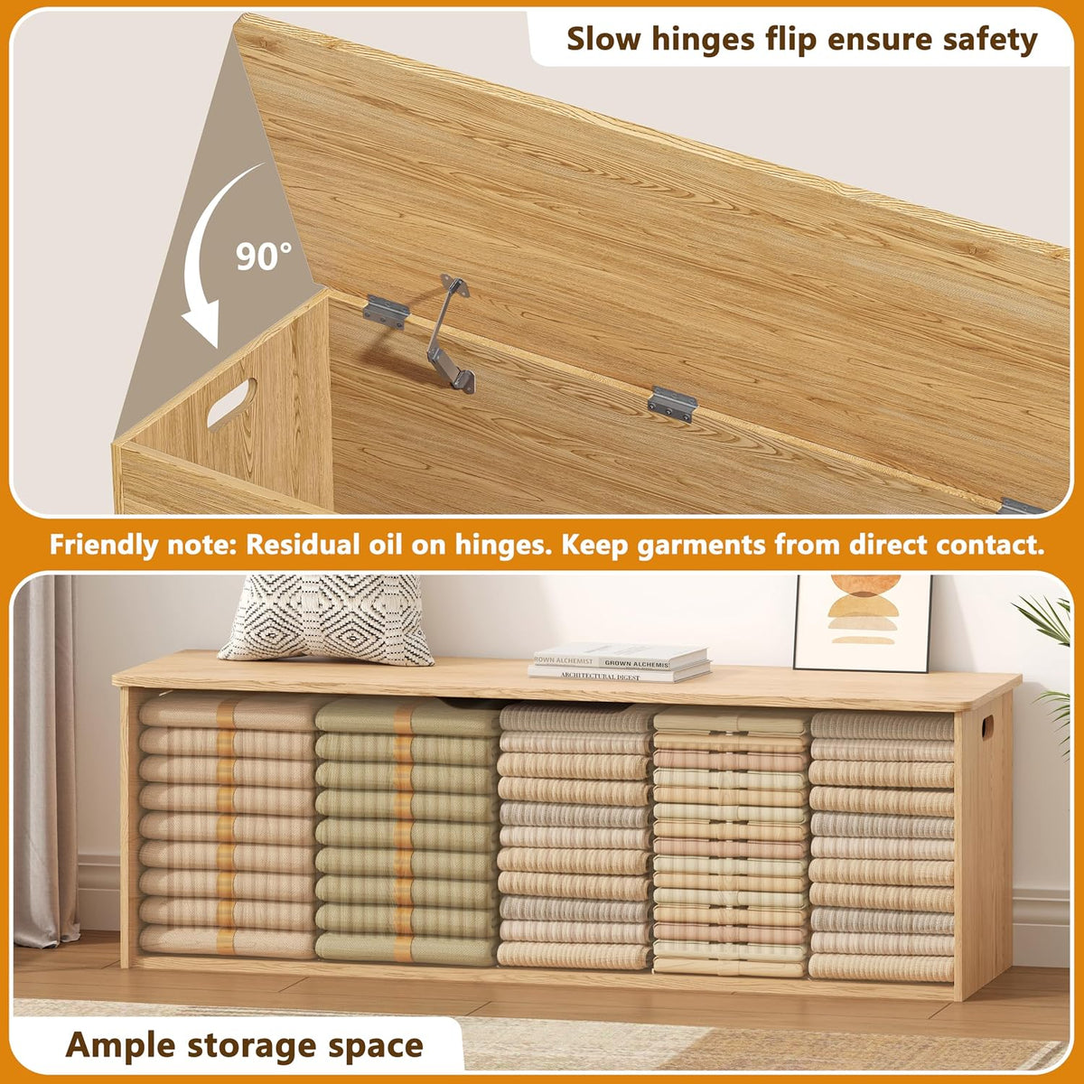 Akxomel 51.2" Fluted Storage Chest Wooden Storage Trunk 2 Safety Hinges Oak | Large Storage Chest with 2 Safety Hinges & Lift Top, Wooden Box Bench, for Living Room, Entryway, Bedroom