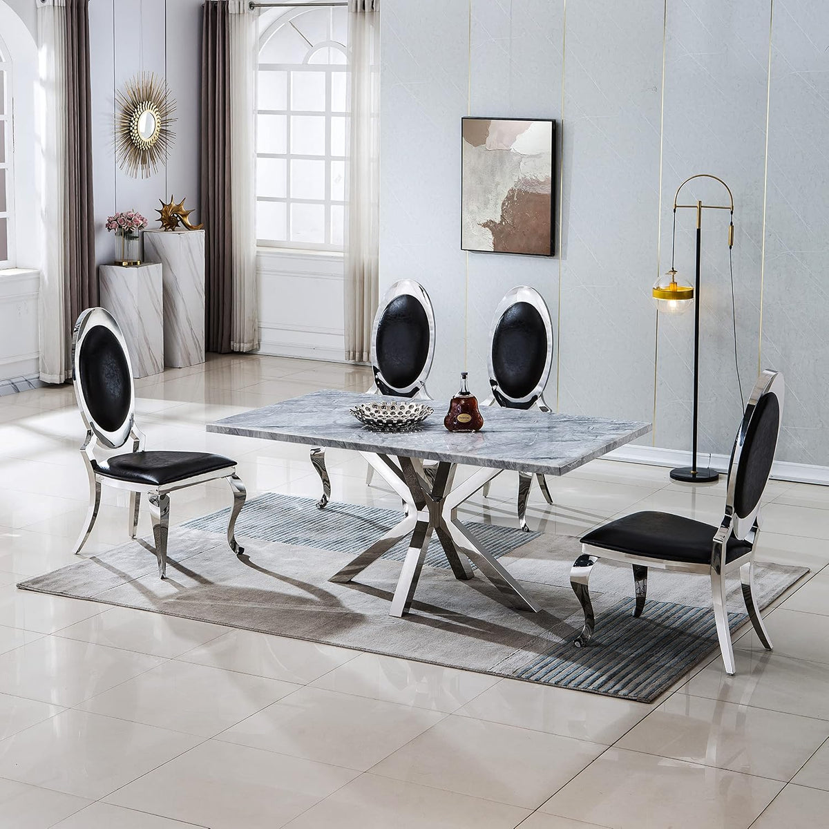 Henf Modern Luxury Dining Chairs Set of 6, Leatherette Upholstered Kitchen Dining Chair with Silver Stainless Steel Frame, High-Back Armless Side Chair for Dining Kitchen Room (Black)