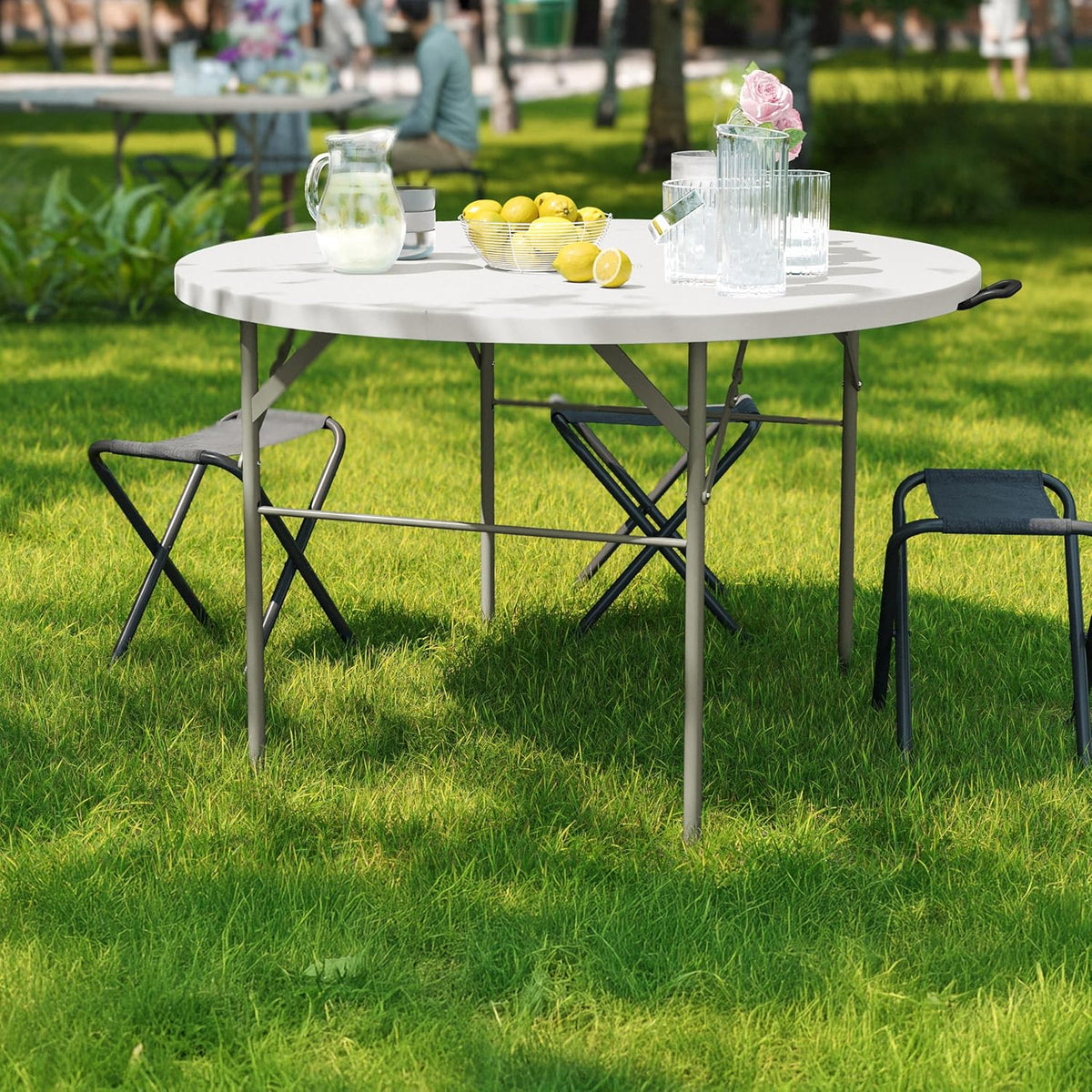 Flash Furniture 4-Foot Round Bi-Fold Granite White Plastic Folding Table | Lightweight, Easy Storage, Commercial Grade, Carrying Handle