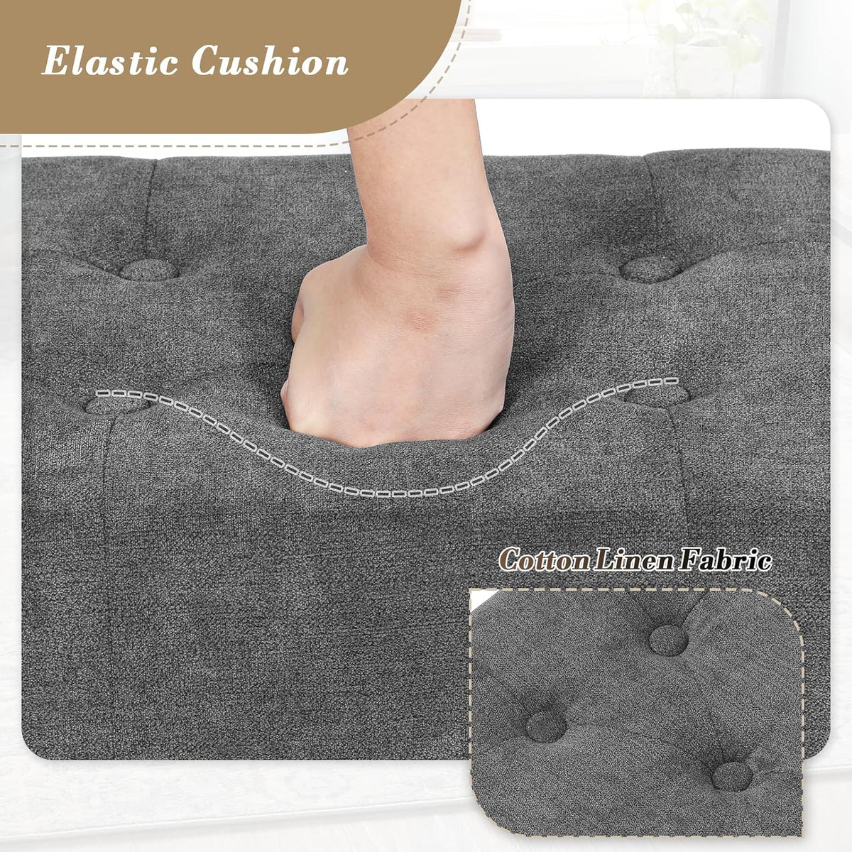 Athena Collection Small Ottoman Foot Rest with Legs, Linen Fabric Ottoman Foot Stool with Soft Padded seat, Square Footstool FootRest for Living Room, Bedroom, Office, Dark Grey