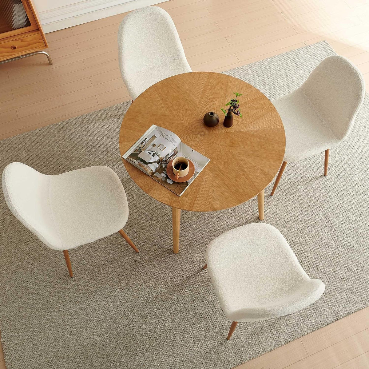 Dining Chairs Set of 4, Modern Upholstered Fabric Armless Side Dining Room Chairs for Small Kitchen, Living Room, Bedroom, White Teddy Fleece