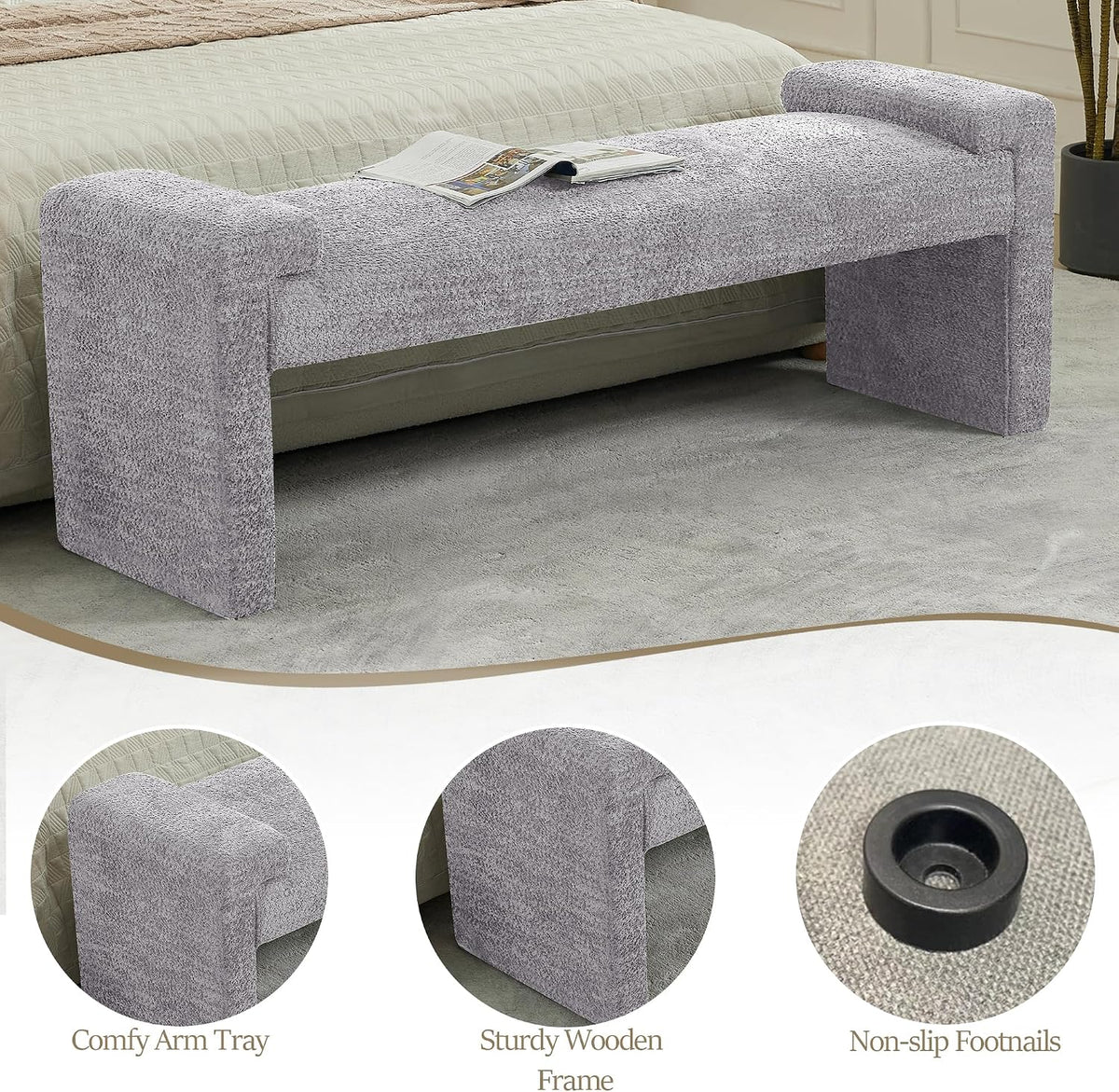 WUTUTUEE 58.7" End of Bed Bench Upholstered Modern Bedroom Bench for Living Room & Entryway, Easy Assembly, Footrest Ottoman Accent Window Bench with Solid Wood Frame & Curved Arm, Grey