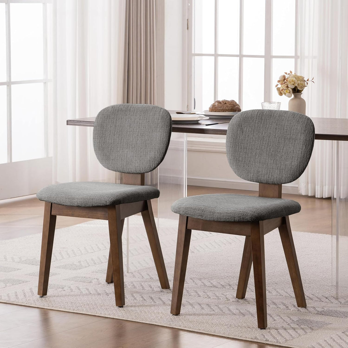 VKNOW Wooden Dining Chairs Set of 4, Mid Century Modern Upholstered Kitchen Side Chairs, Chenille Dining Room Chair with Curved Seat Backrest for Home Dining Room, Grey