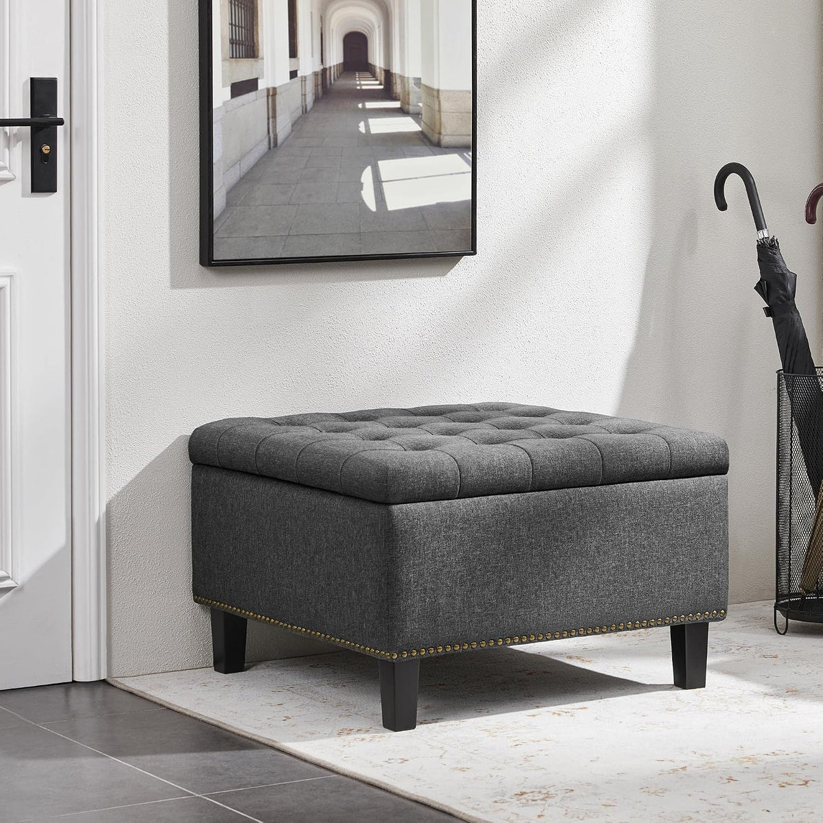 Yaheetech 28in Square Storage Ottoman Coffee Table with Nailhead, Dark Gray | Button-Tufted Linen-Look Fabric Bench, 3.2C Storage Space, Wood Legs, Metal Hinges, for Bedroom Foot of Bed Living Room
