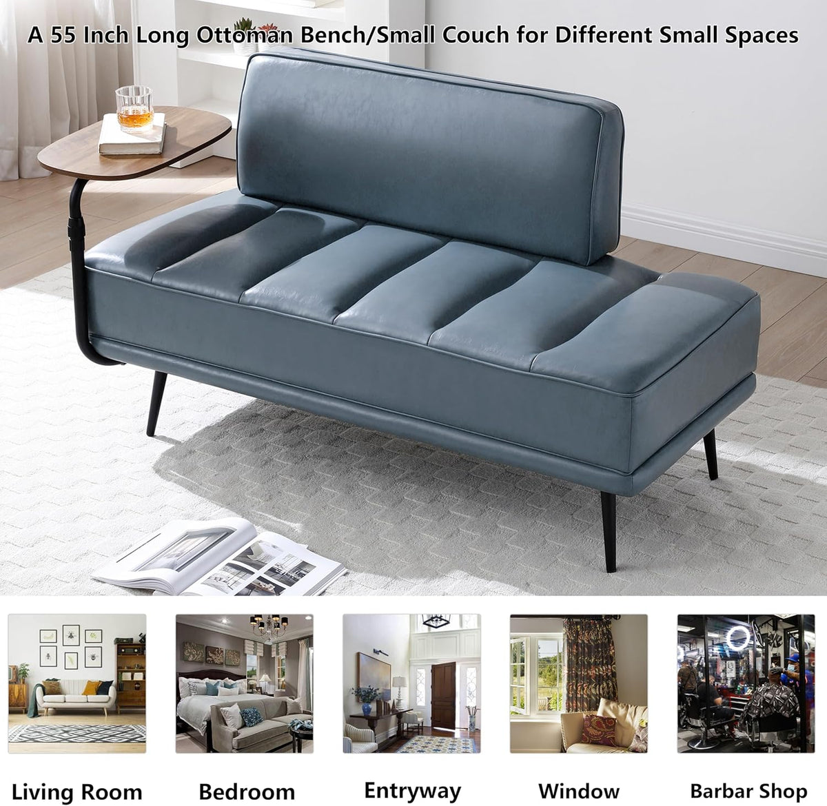 Aoowow PU Leather Ottoman Bench for Living Room,55" Channel Tufetd Small Loveseat Sofa Couch with Adjustable Wooden Stand,Modern Bedroom Benches for Bed End,Entryway,Window.