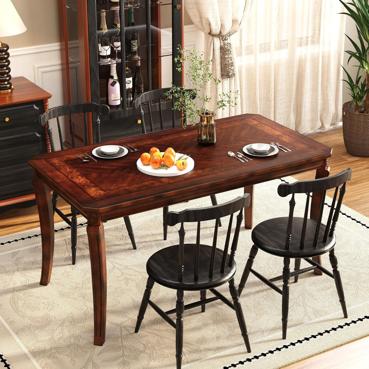 59”Farmhouse Dining Table with Carved Legs,Rectangular Kitchen Table for 4–6 Person, Solid Wood Dinner Table for Living Room, Dining Room,Easy Assembly Cherry Brown CZ-A1168-WD