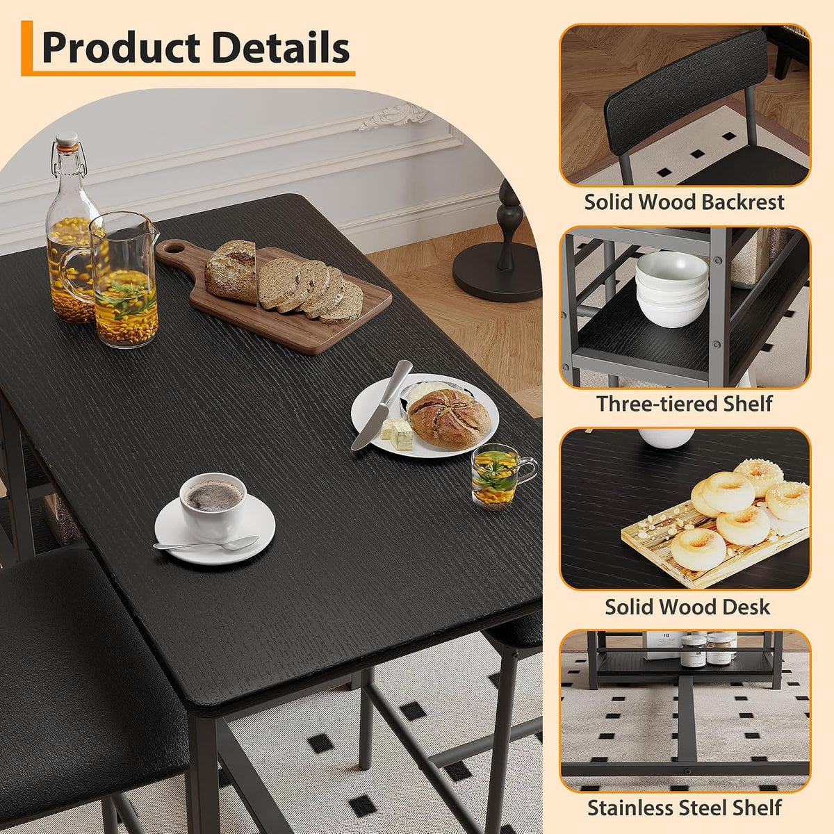 3 Piece Counter Height Dining Table Set for 2 with 3-Tier Storage Open Shelves & Upholstered PU Cushion Chairs, Space Saving Kitchen Table for Small Spaces, Apartment, Pub, Breakfast, Black